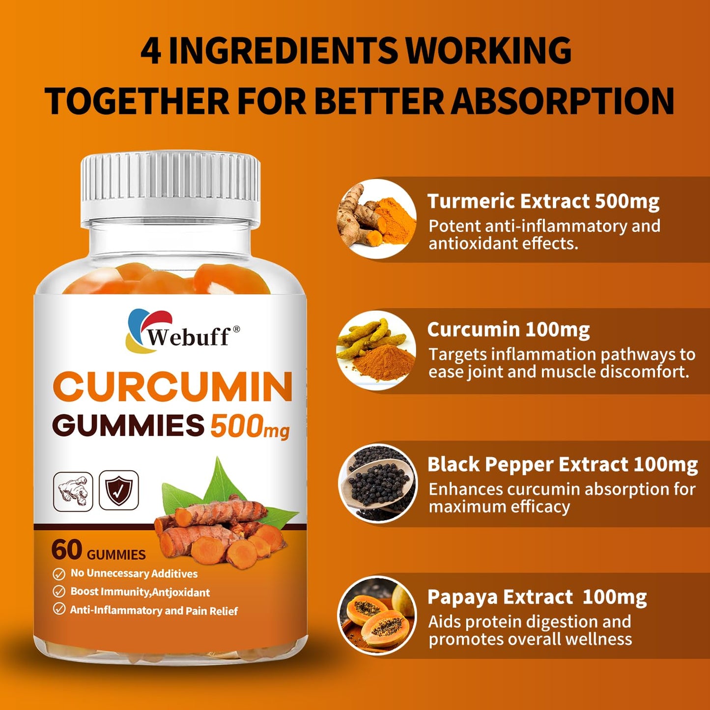 Webuff Turmeric Curcumin with Black Pepper & Ginger Gummy 60 Count