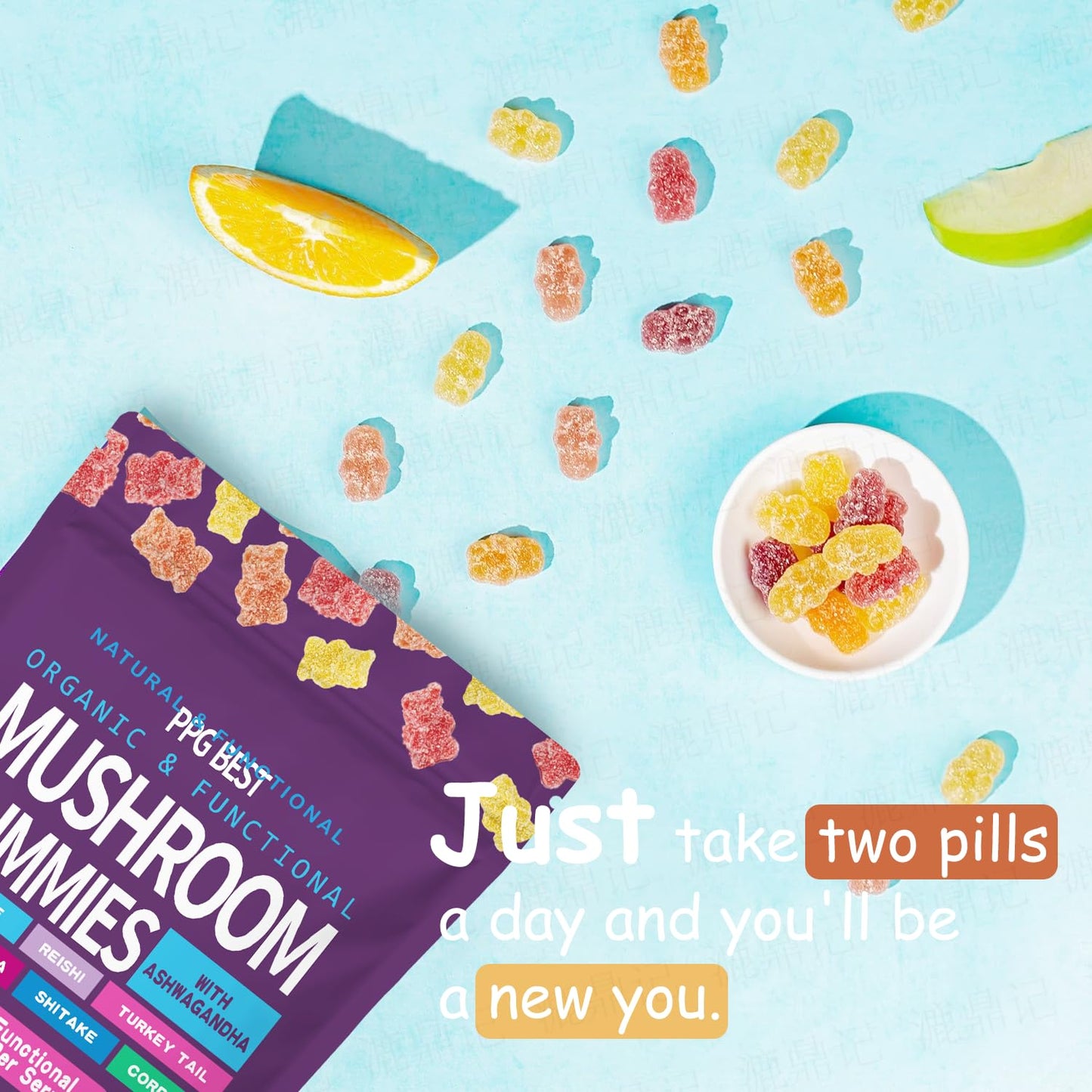 PPG BEST Organic & Functional Mushroom Gummies with Ashwagandha, Reishi, Turkey Tail, Maitake, Shiitake, Chaga, Cordyceps 1 Count
