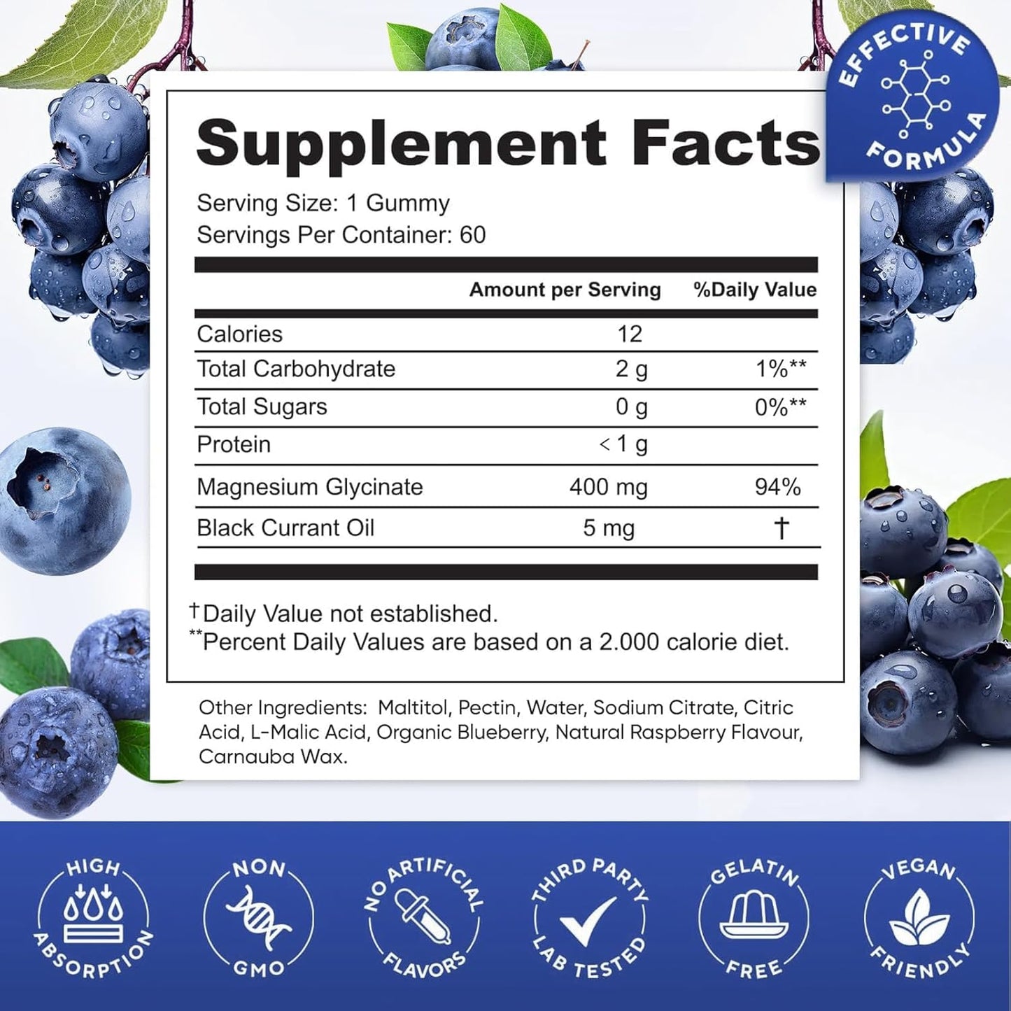HISOKOI Magnesium Glycinate Gummies 400mg Blueberry Flavor, 60 Gummies
