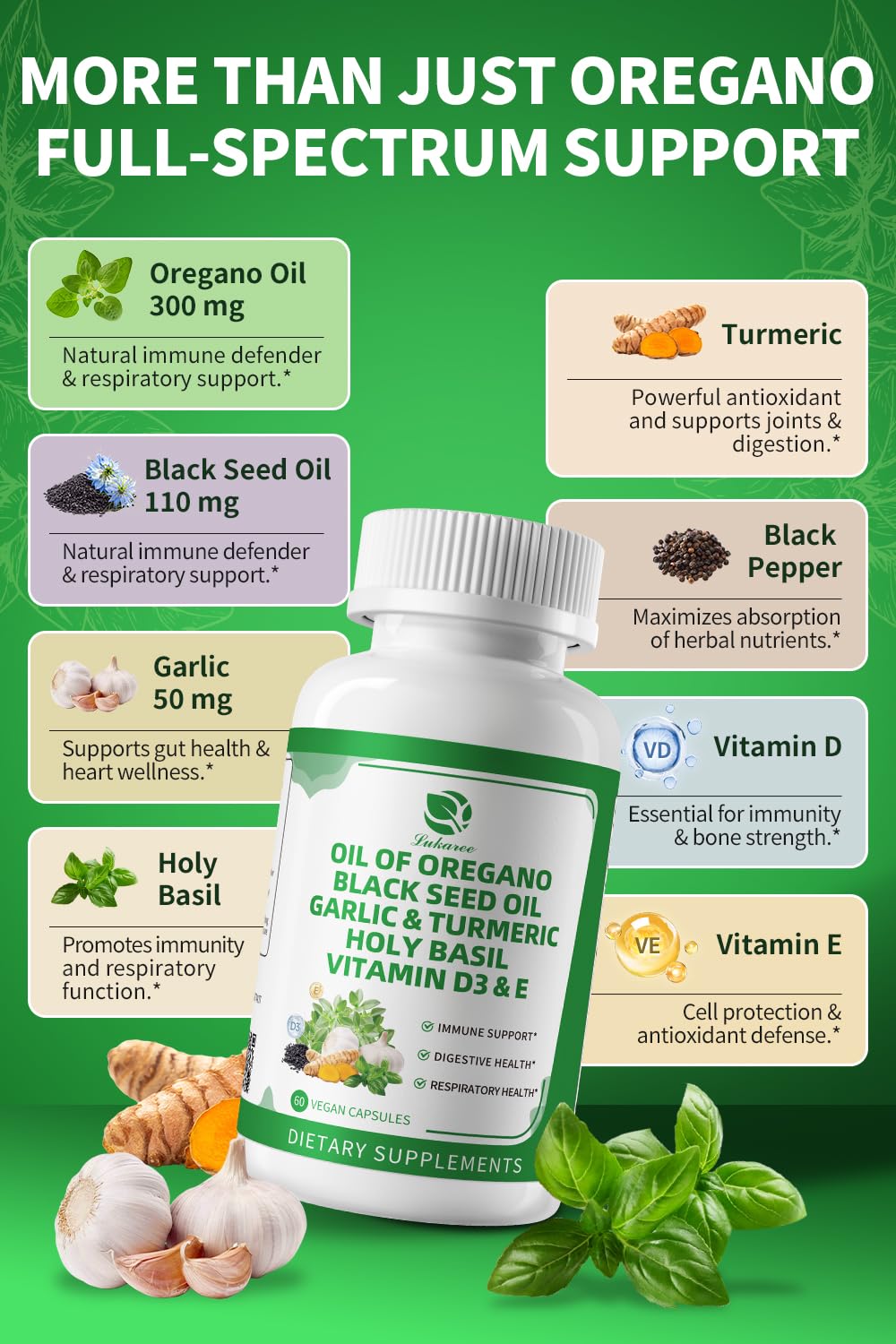 Lukaree Oil of Oregano with Black Seed Oil, Garlic, Turmeric, Holy Basil Capsules, 60 Count