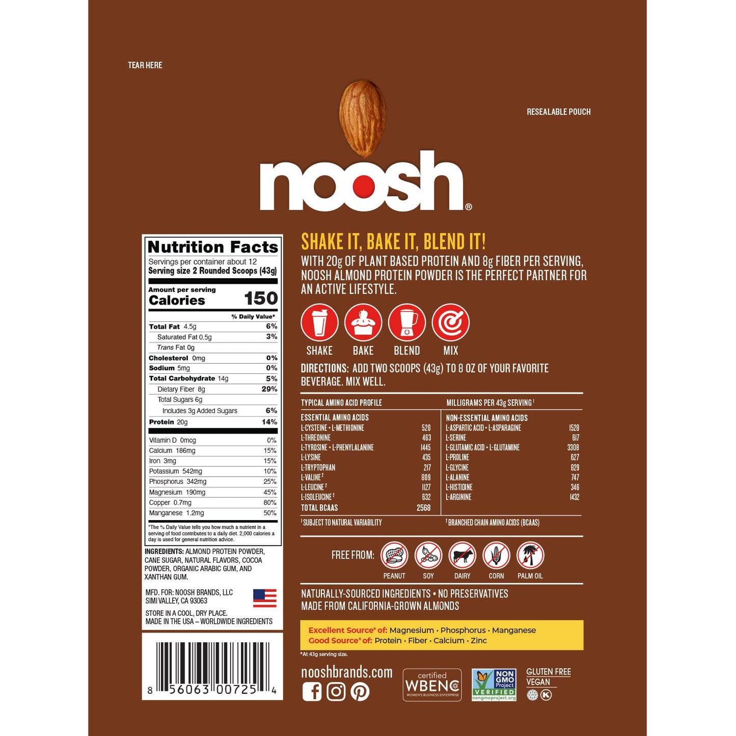 NOOSH Plant Based Almond Protein Powder Chocolate, 18.4 oz