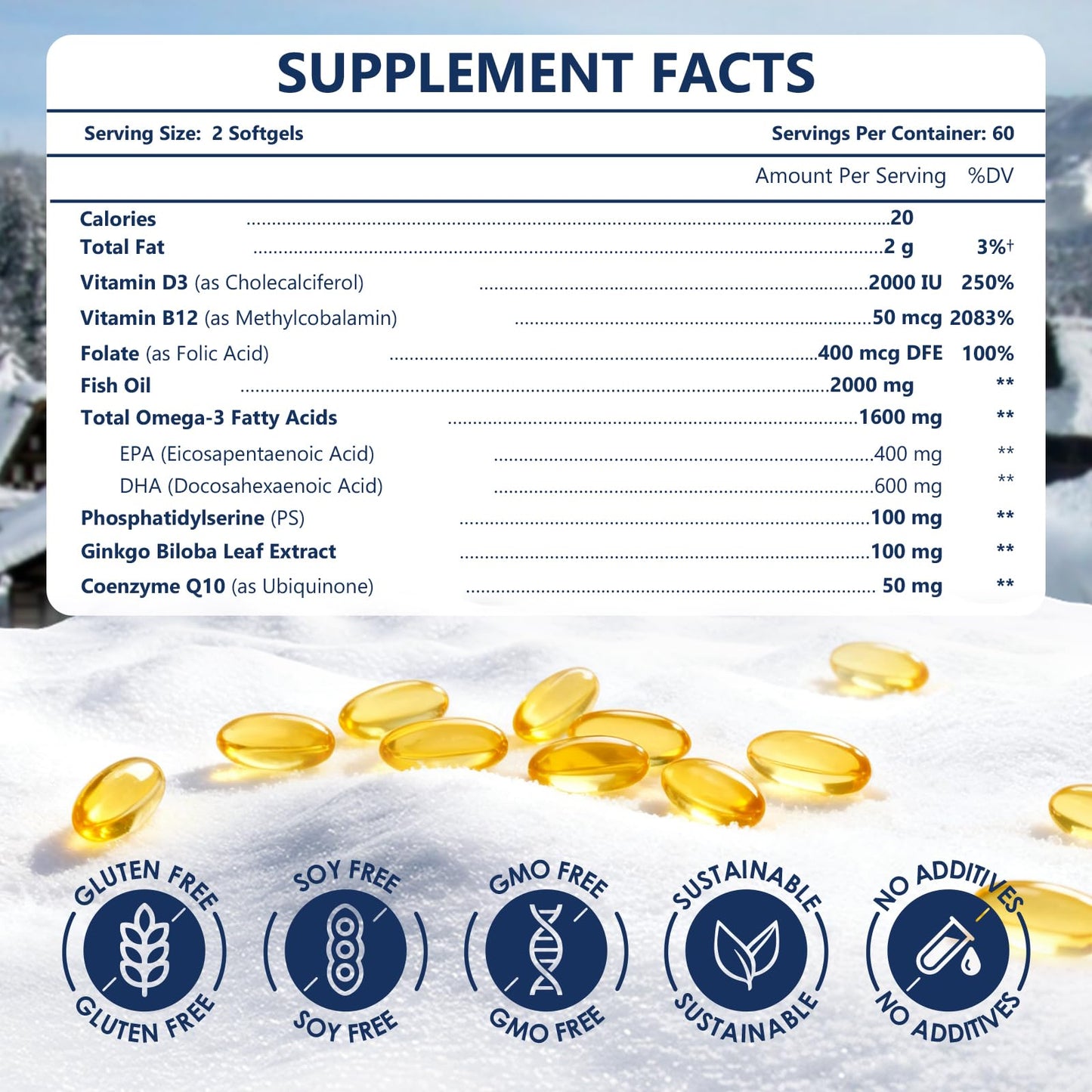NATURE TARGET Omega 3 Fish Oil 2000mg EPA DHA with PS & CoQ10 Non-GMO Softgels 120
