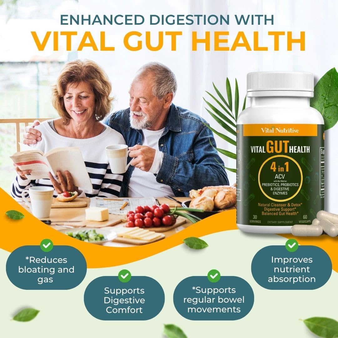 VITAL NUTRITIVE Vital Gut Health 4in1 Formula with Apple Cider Vinegar, Prebiotics & Probiotics, Digestive Enzymes 120 Capsules