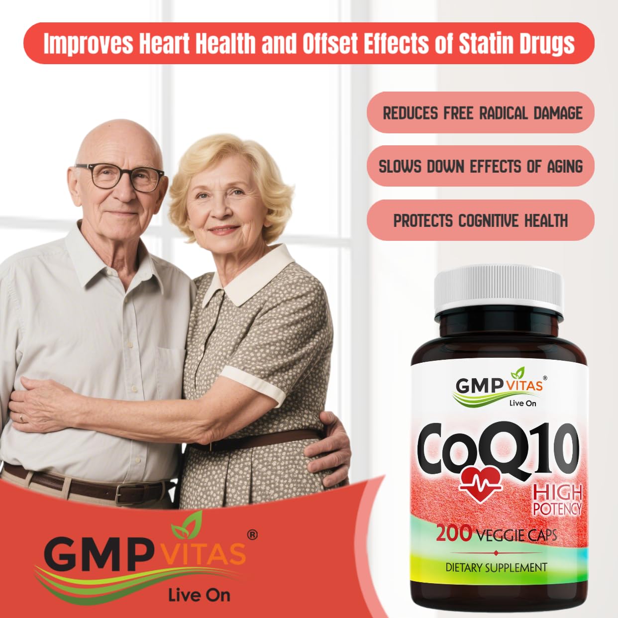 GMP Vitas CoQ10 500mg High Potency Coenzyme Q10 Supplement Capsule, 200 Capsules