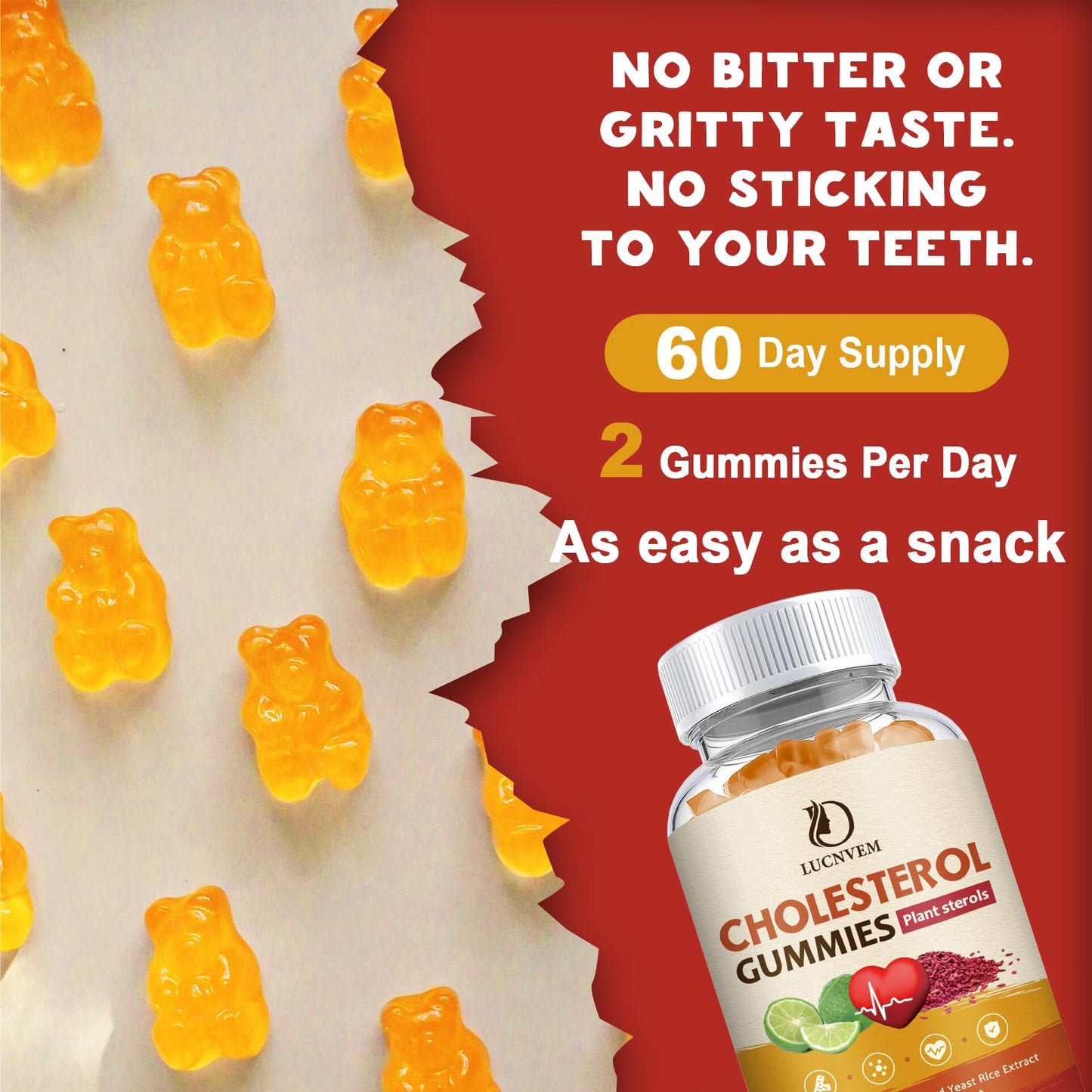 LUCNVEM Cholesterol Supplements Gummies for Healthy Cholesterol Levels with Plant Sterols & Stanols, Red Yeast Rice, Citrus Bergamot – 120 Count
