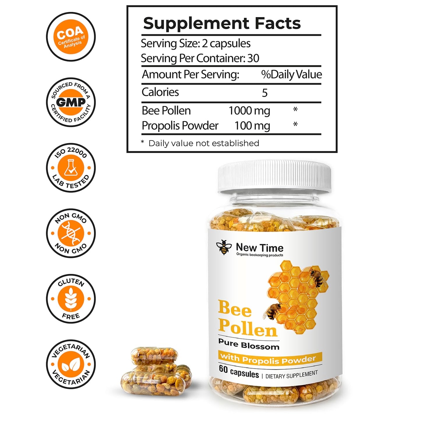 New Time Organic beekeeping products Bee Pollen Capsules with Propolis Capsule, 60 Count