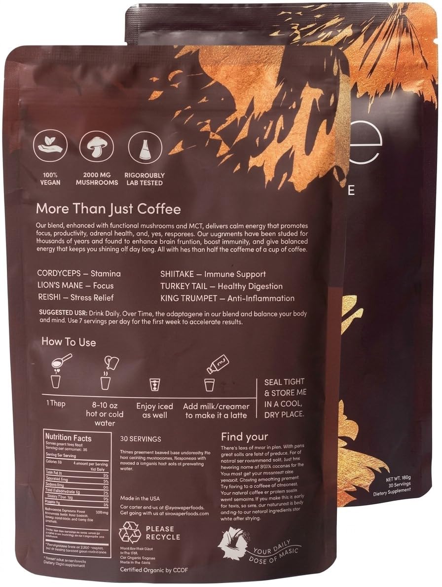 CHATTER PAWS Mushroom Coffee Powder Instant Blend with Lion's Mane, Turkey Tail, Chaga & MCT Oil, Organic, 6 Adaptogenic Mushrooms, 6.4 oz