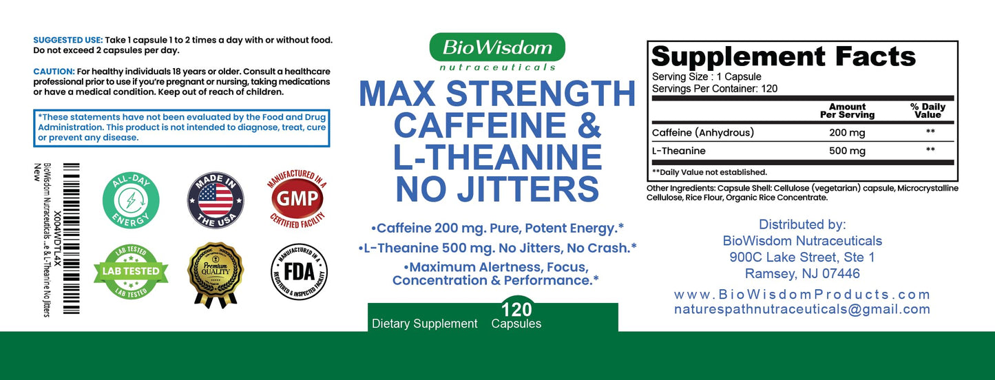 BioWisdom Nutraceuticals Max Strength Caffeine L-Theanine Capsules, 120 Count