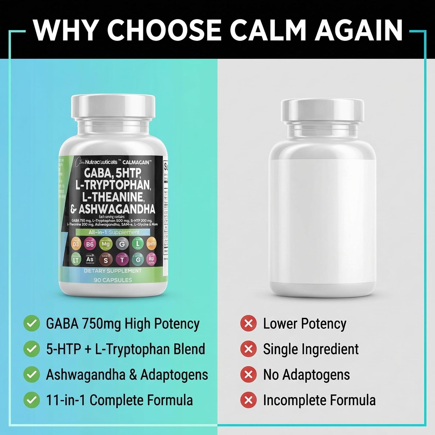 Clean Nutraceuticals GABA 750mg 5-HTP 200mg L-Tryptophan 500mg L-Theanine 200mg Ashwagandha SAM-e L-Glycine Mood Support Capsules 90 Count