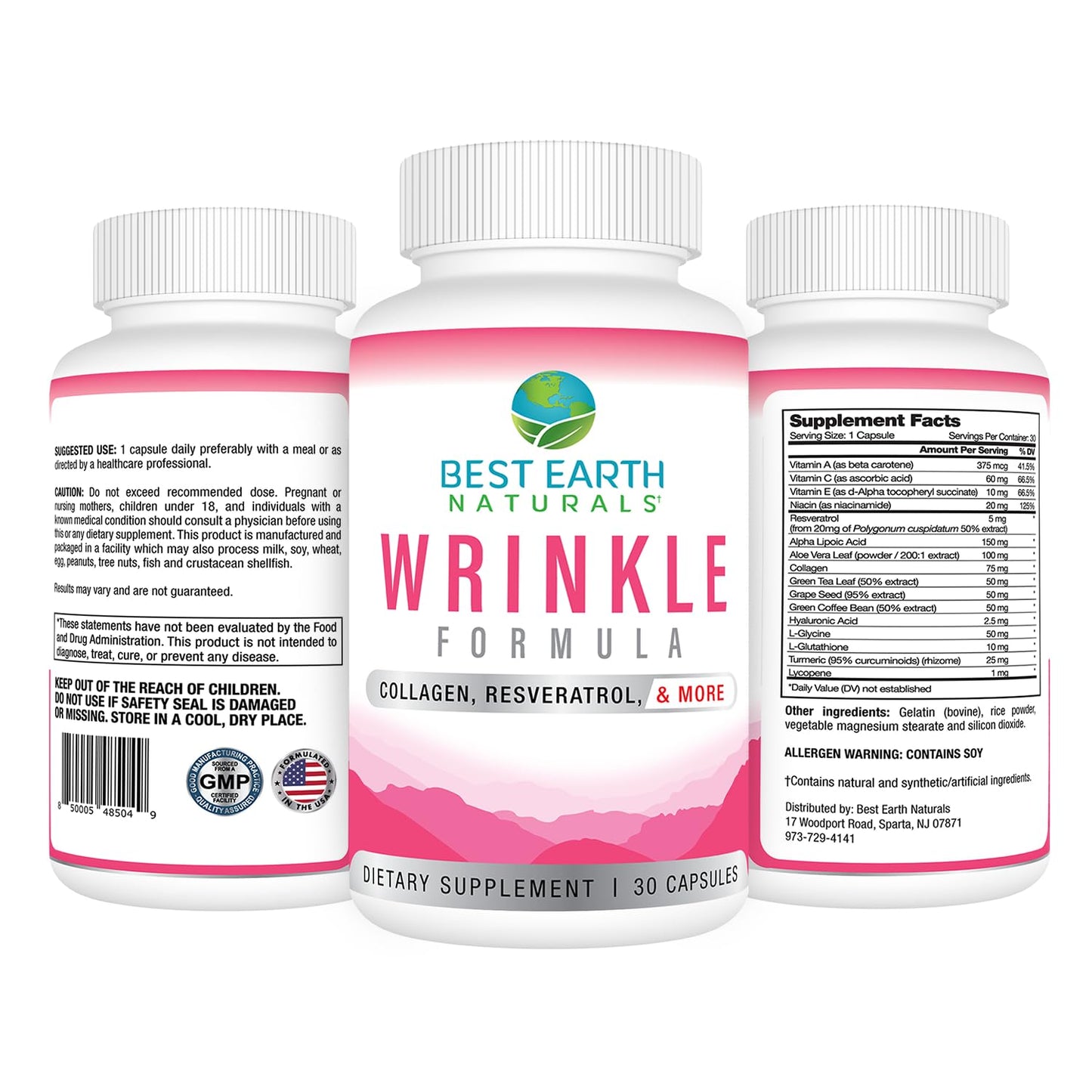 Best Earth Naturals Wrinkle Formula with Hyaluronic Acid, Niacinamide, Multivitamin, Collagen for Women or Men - Skin Vitamins Supplement Capsule 30 Count