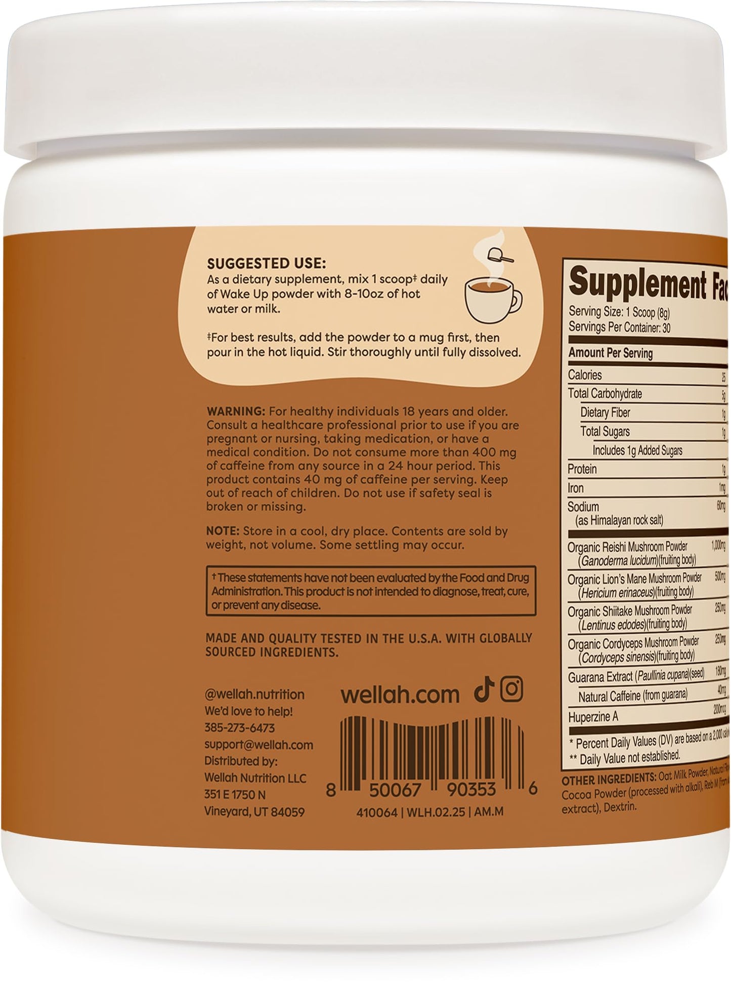 Wellah Wake Up Adaptogenic Mushroom Drink Blend Mocha Flavored Powder 8.1