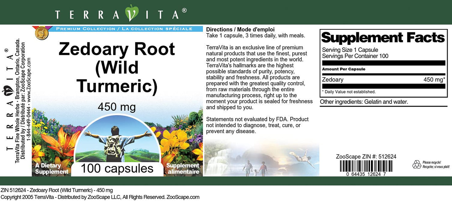 Terravita Zedoary Root (Wild Turmeric) - 450 mg Capsules, 300 Count