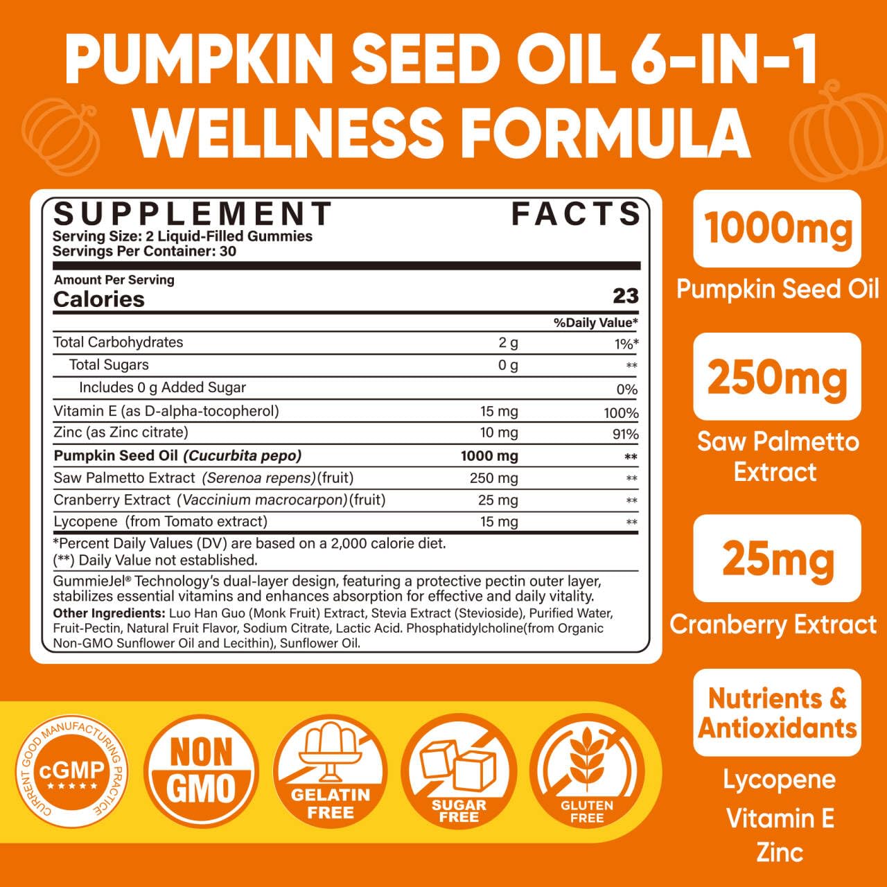 LILICARE Pumpkin Seed Oil Gummy 1000mg with Saw Palmetto, Cranberry, Lycopene, Vitamin E, Zinc, Cold-Pressed Pure Virgin Pumpkin Seed Oil for Hair Growth, Skin, Urinary & Prostate Health, 60 Count