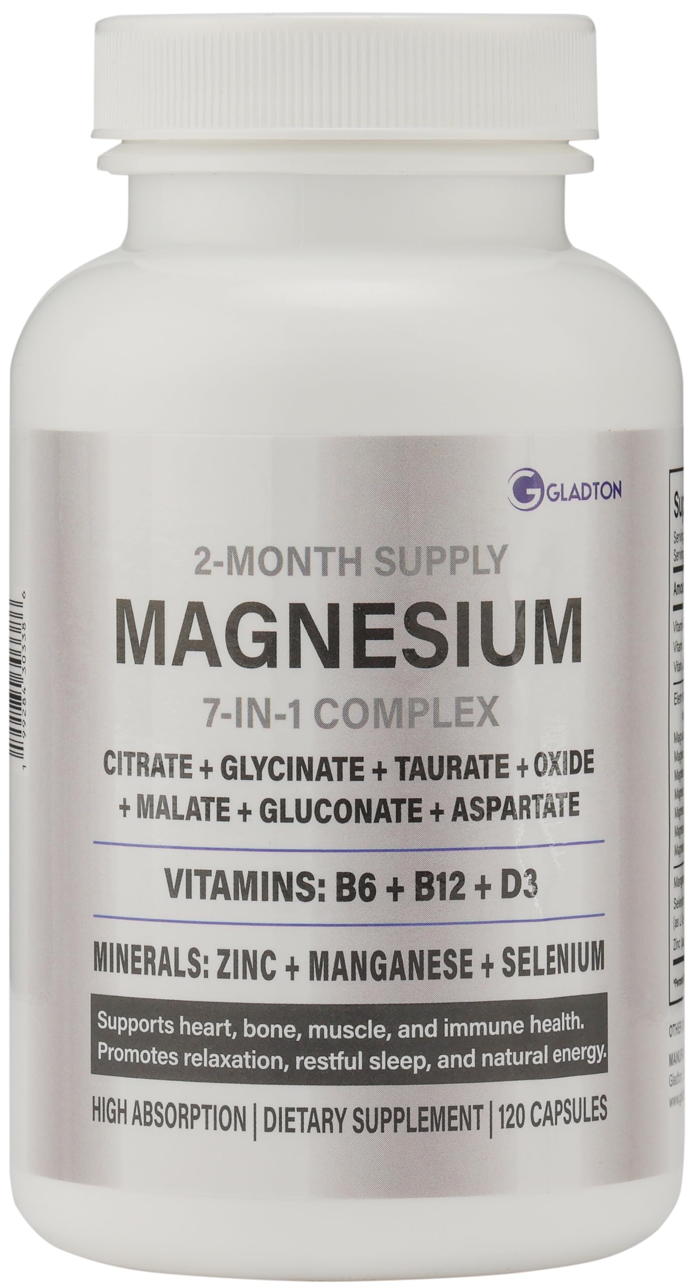 GLADTON Magnesium Glycinate Complex Supplement 444mg Capsule, 120 Count