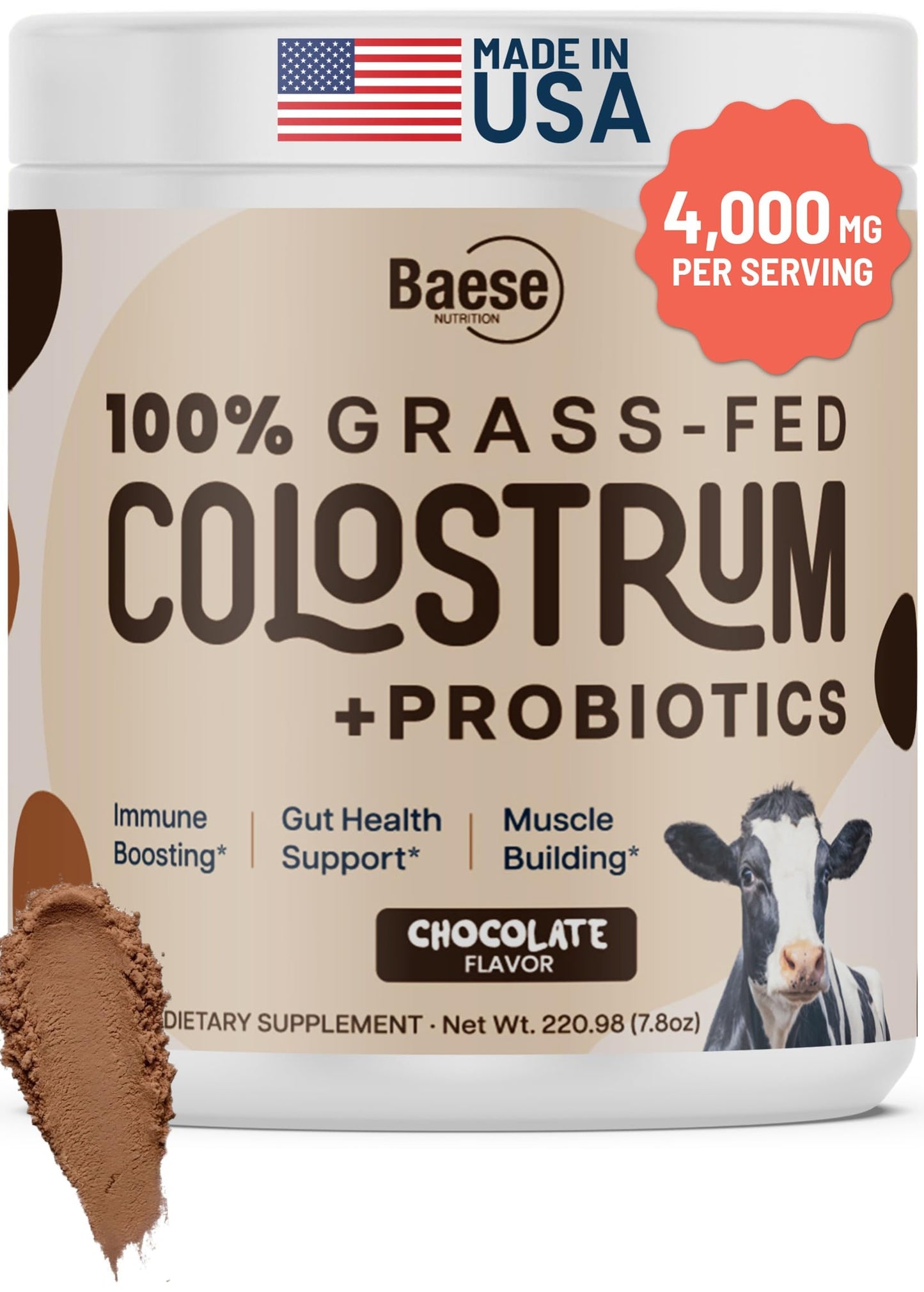 Baese Nutrition Organic Chocolate 4000mg Grass Fed Bovine Colostrum Powder + Probiotics Colostrum Supplement for Kids & Adults with Immunoglobulins, Powder, 7.79 Ounce
