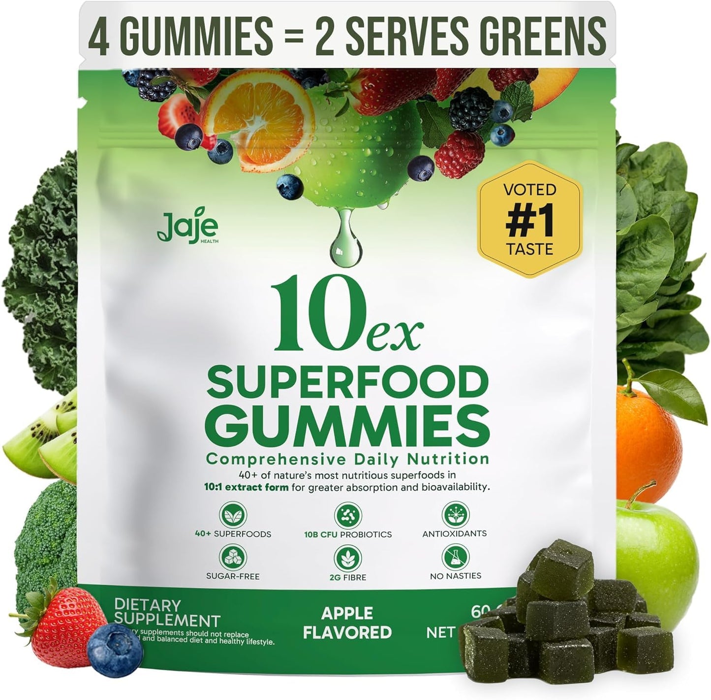 Jaje Health 10ex Supergreens with Probiotics Gummy, 60 Count