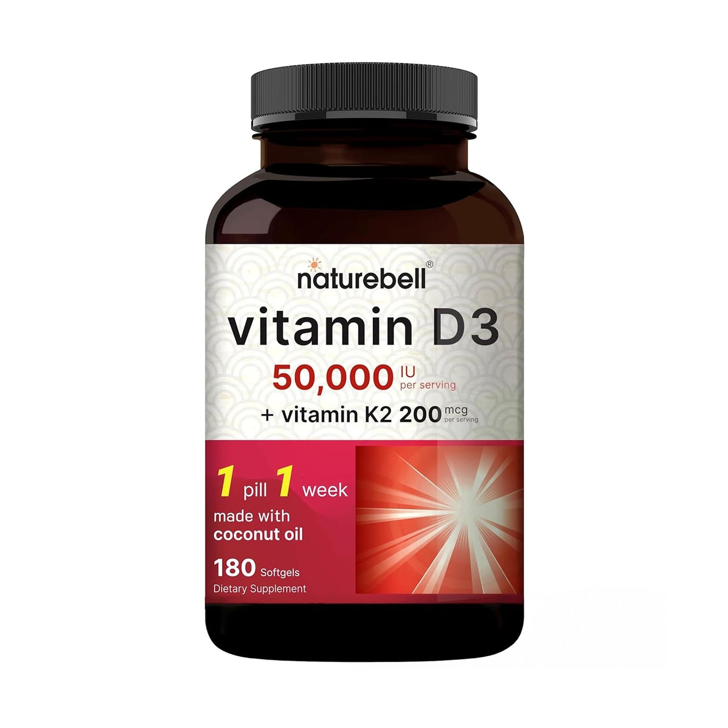 NatureBell Vitamin D3 50,000 IU with Vitamin K2 Softgels, 180 Count