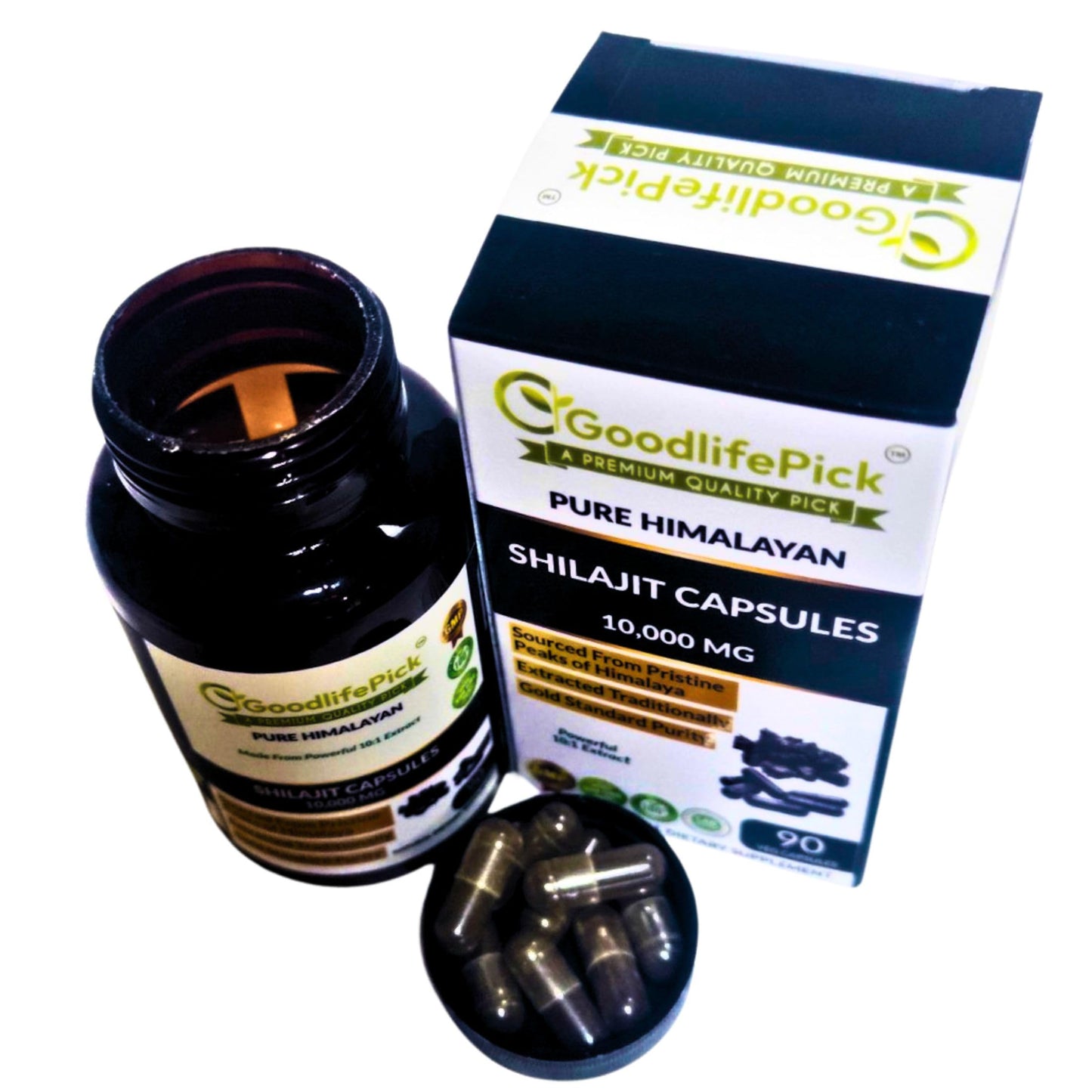 GoodlifePick Pure Himalayan Shilajit Capsules, Maximum Strength Natural Shilajit Rich in Trace Mineral & Fulvic Acid, High Altitude Sourcing, Vegan NonGMO, 90 Count