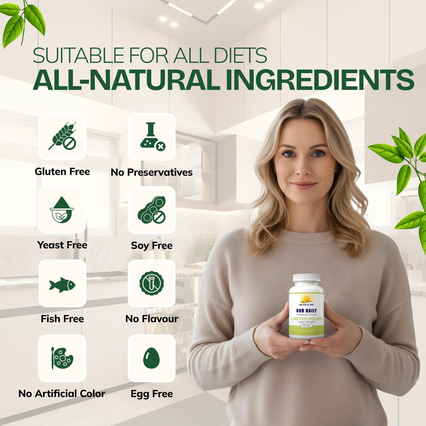 AND GIVE US TODAY OUR DAILY Our Daily Vites L Methylfolate 15mg – Active 5-MTHF Methylated Folate Supplement for Women & Men – Methyl Folate for Brain Health, Focus & Mood Support – Gluten Free, Non-GMO, 120 Capsules