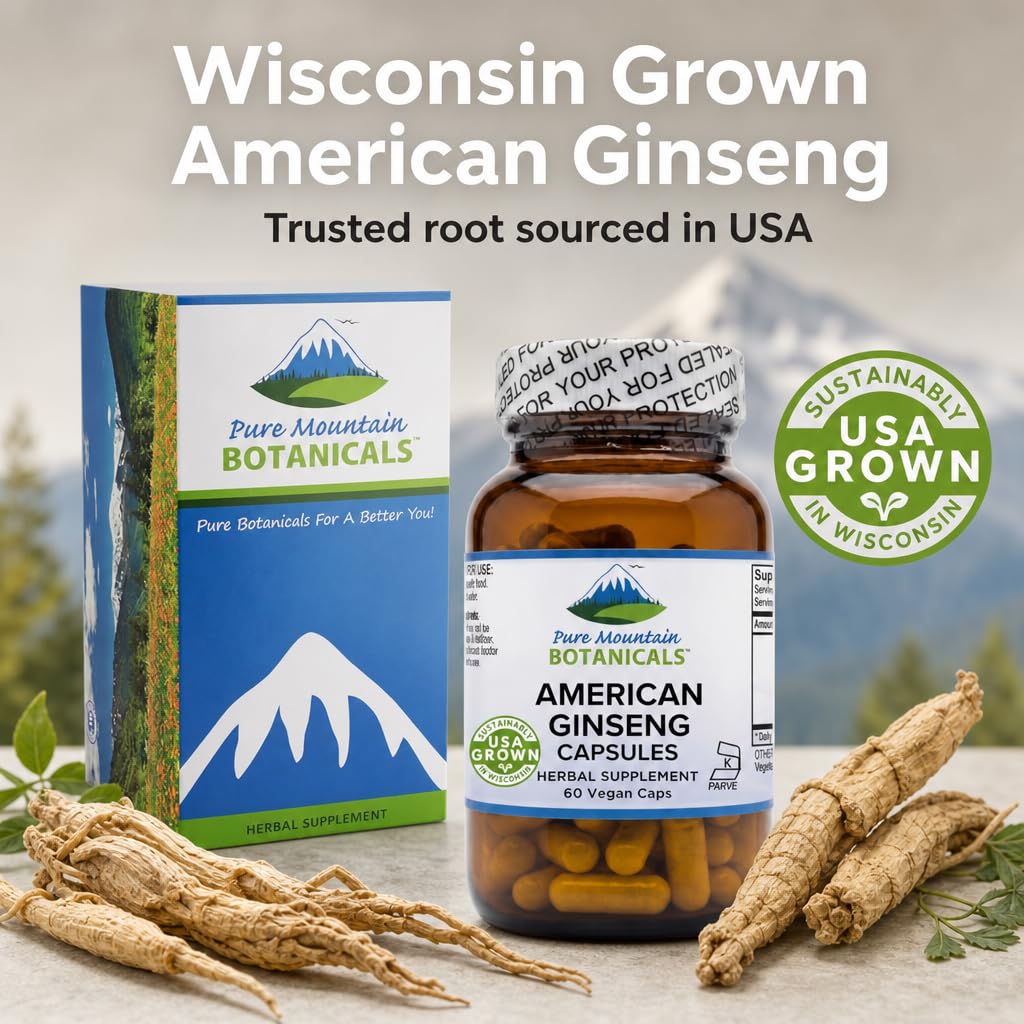 Pure Mountain Botanicals American Ginseng 400mg Panax Quinquefolia Ginseng Root Capsules, 60 Count