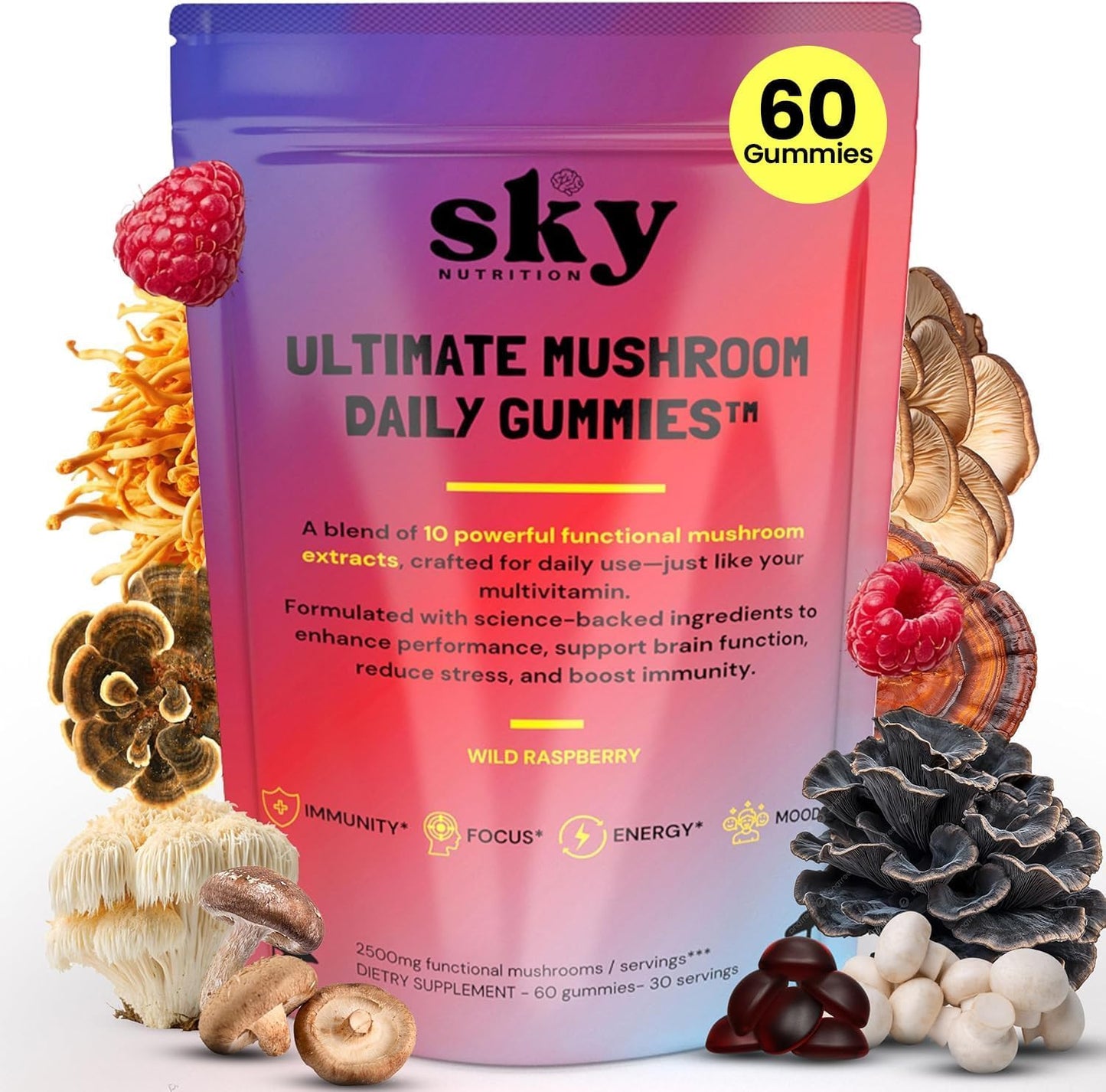SKY NUTRITION Mushroom Gummies for Adults - 10-in-1 Powerful Mushroom Complex with Lions Mane, Reishi, Cordyceps, Turkey Tail - for Mental Clarity, Focus, Immunity - 60 Gummies