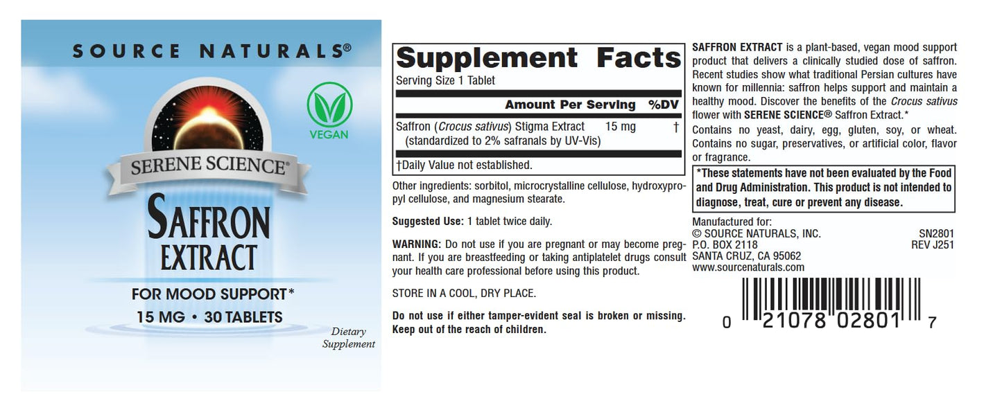 Source Naturals Serene Science Saffron Extract for Mood Support Tablet, 30 Tablets