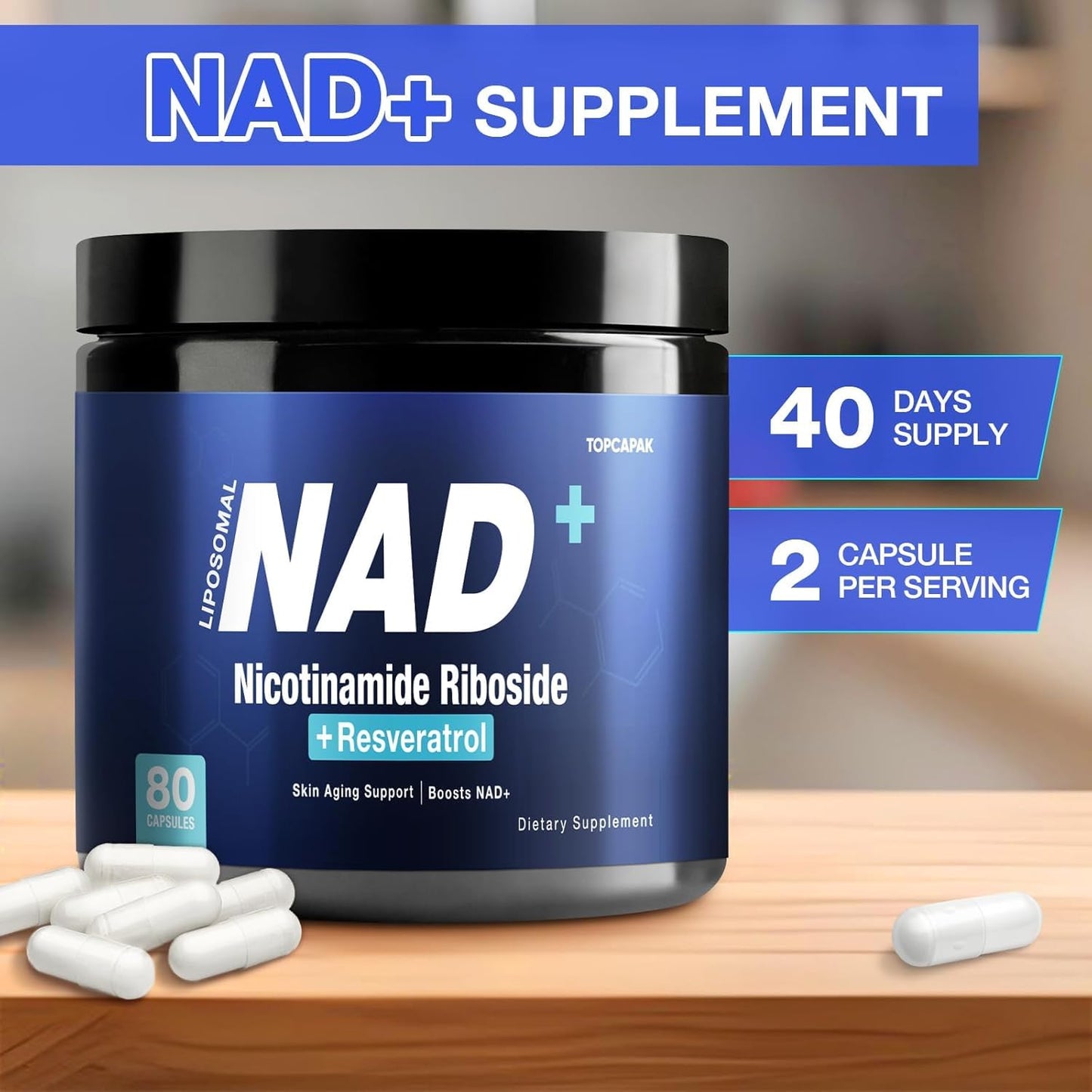 TOPCAPAK NAD+ Supplement - Nicotinamide Riboside & Resveratrol, Liposomal NAD+ 1000mg, 80 Capsules