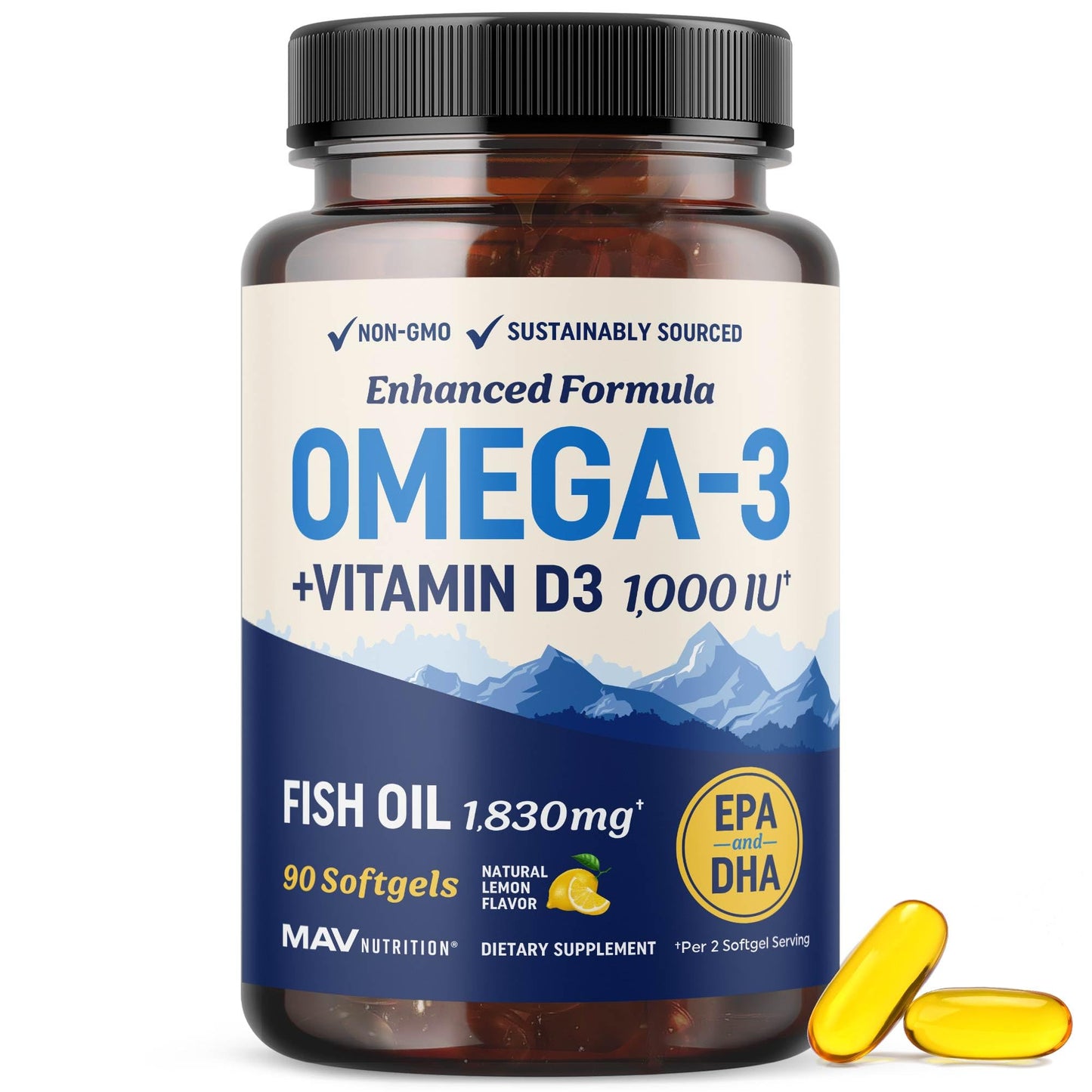 MAV NUTRITION Omega 3 Fish Oil with Vitamin D3 Softgels 90 Count