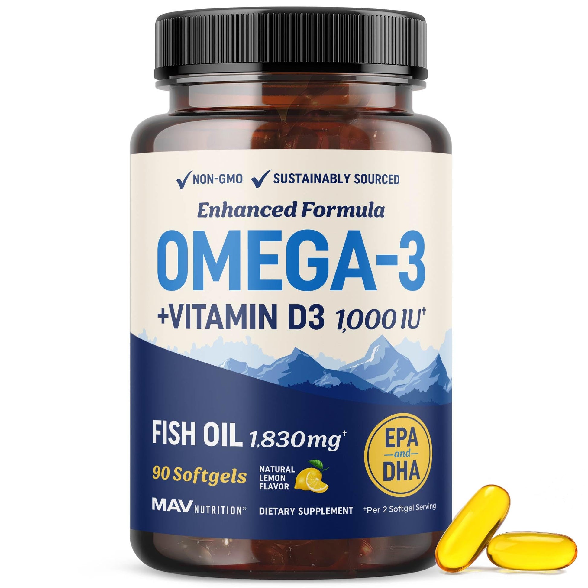 MAV NUTRITION Omega 3 Fish Oil with Vitamin D3 Softgels 90 Count