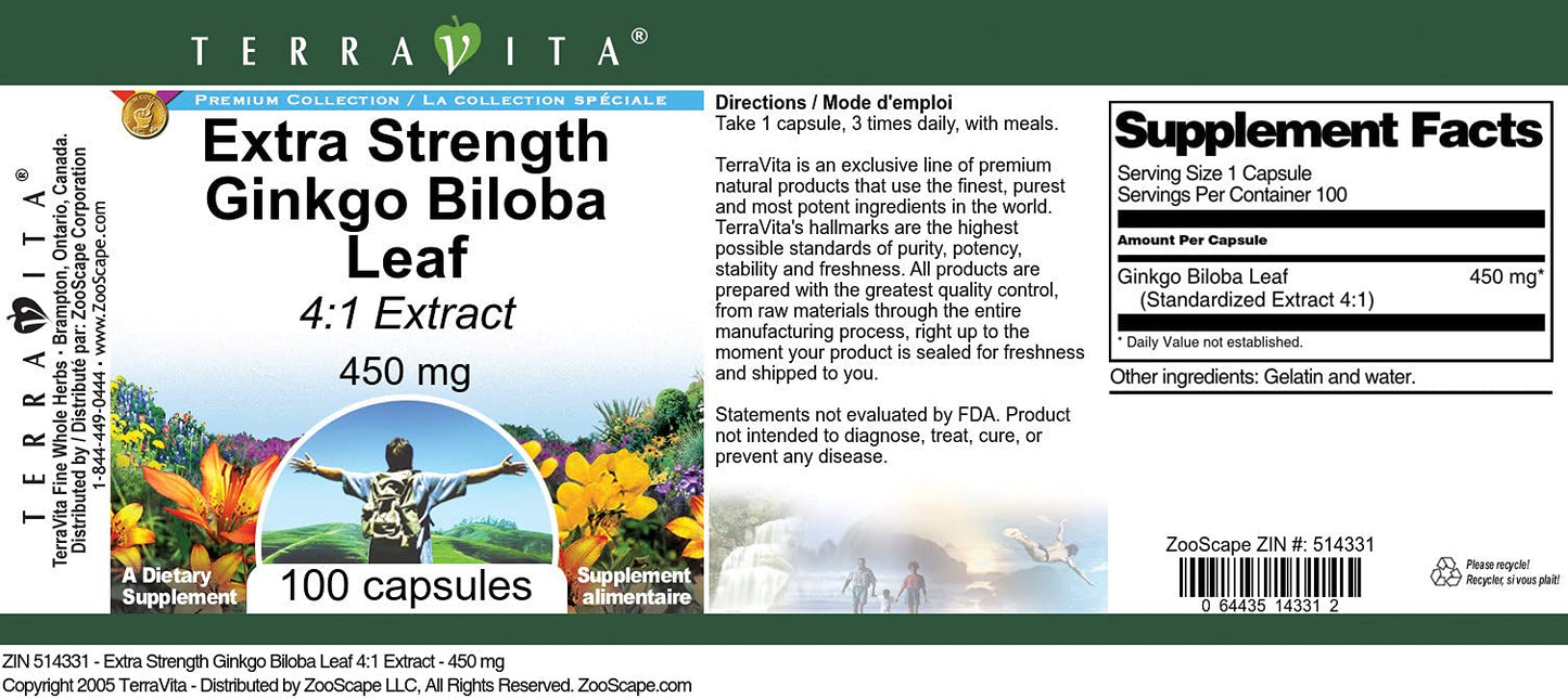 Terravita Ginkgo Biloba Leaf 4:1 Extract 450 mg Capsules, 300 Count