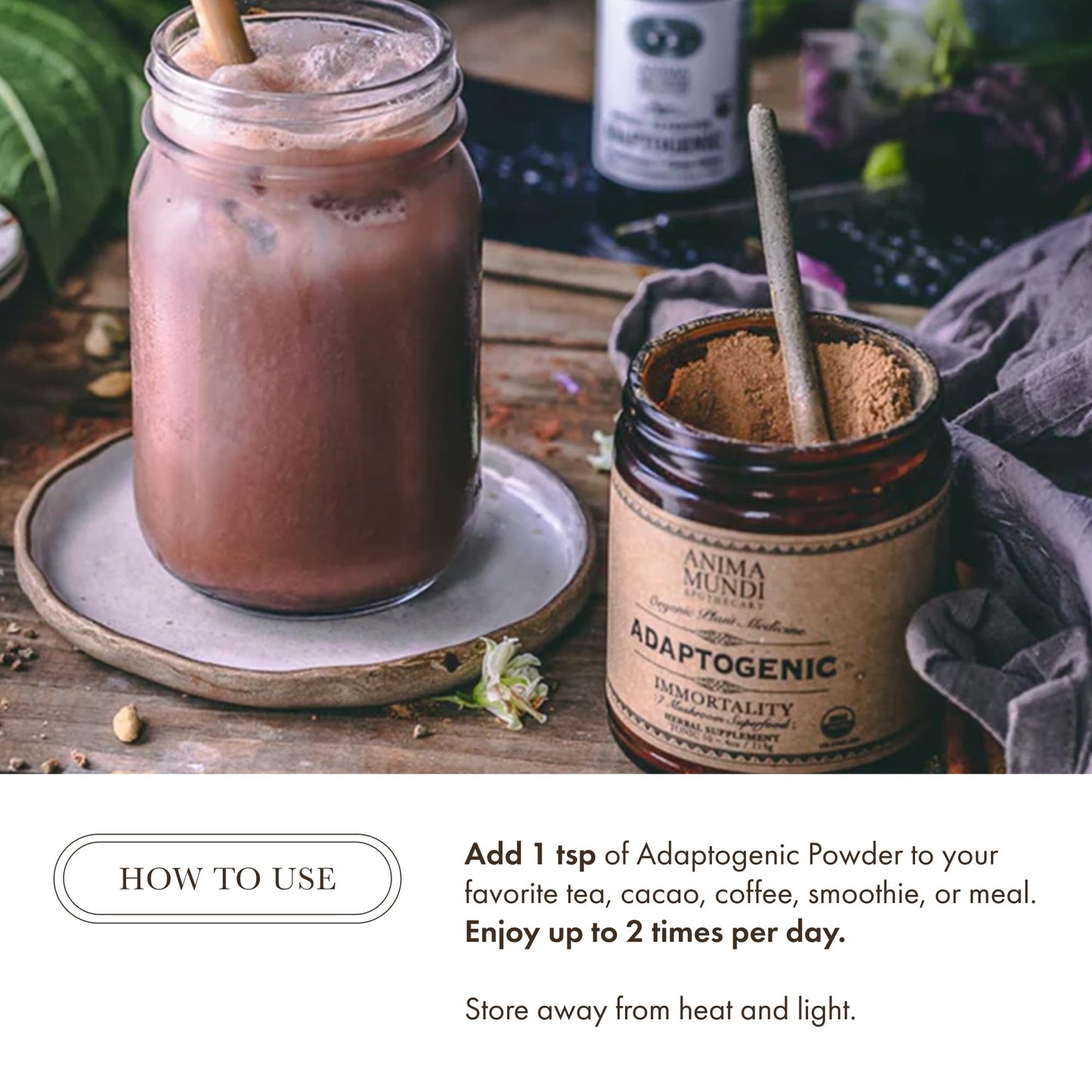 Anima Mundi Apothecary Organic Mushroom Supplement Powder - Adaptogenic Mushrooms + Cacao - Uplifting Blend with Organic Lion's Mane, Shiitake, Chaga & More - 4 oz