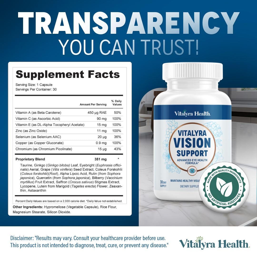 Vitalyra Health Vision Support Eye Health Supplement with Vitamin A, Lutein, Beta Carotene & Antioxidants Capsule, 30 Count