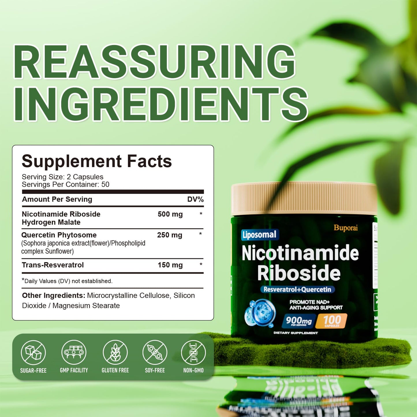 Buporai NAD+ Supplement, Liposomal Nicotinamide Riboside 900mg with Resveratrol & Quercetin, NMN Alternative for Anti-Aging, 100 Capsules
