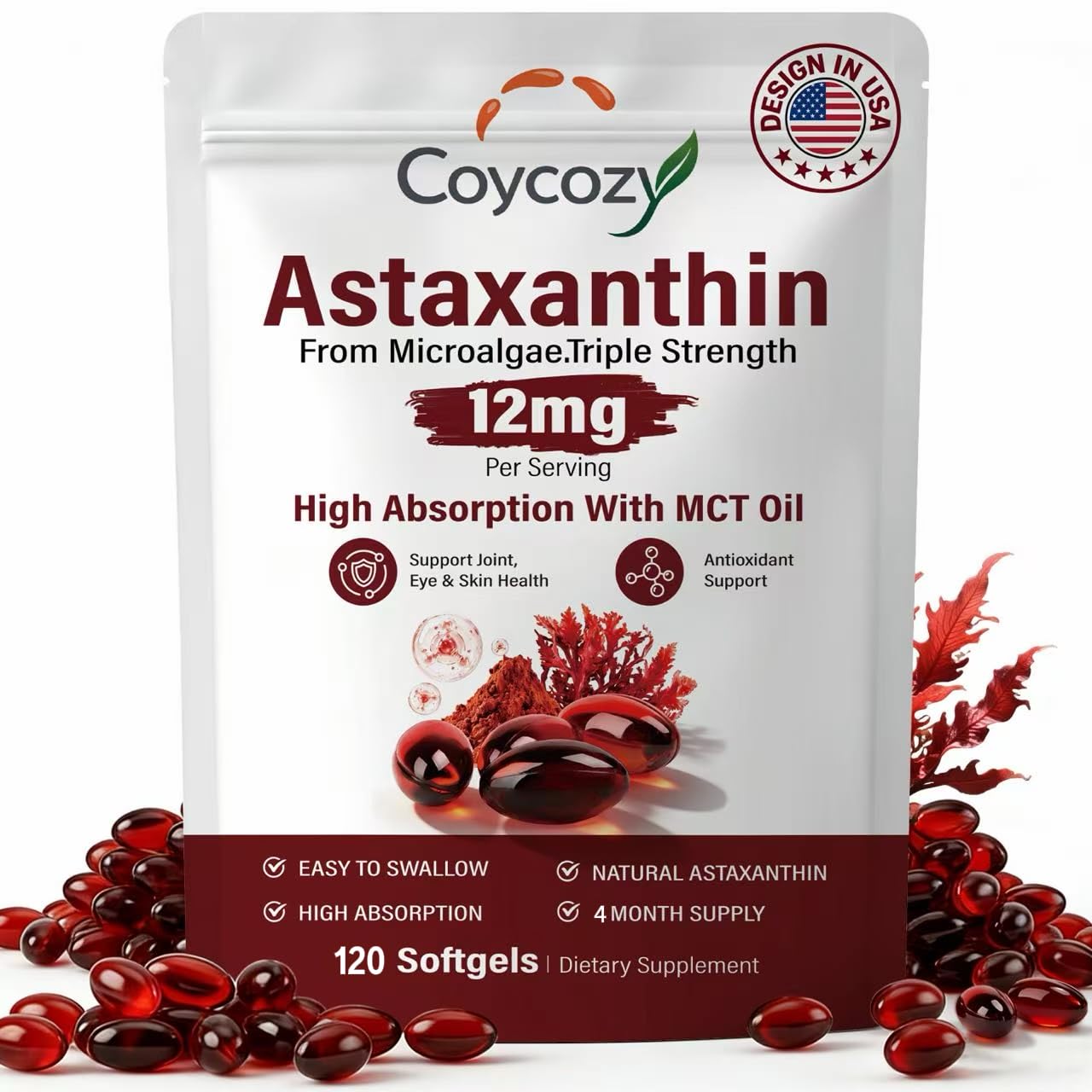 Coycozy Astaxanthin 12mg Natural Softgels, 120 Count