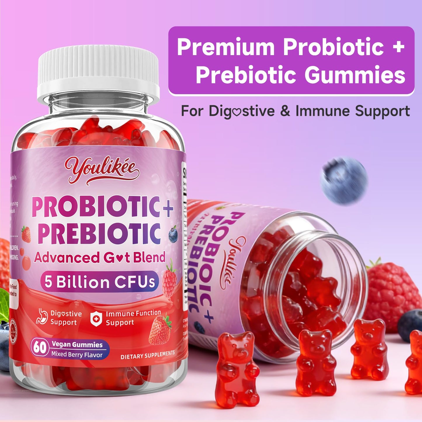 Youlikee Prebiotic + Probiotic Gummies for Women and Men Gummy 120 Count
