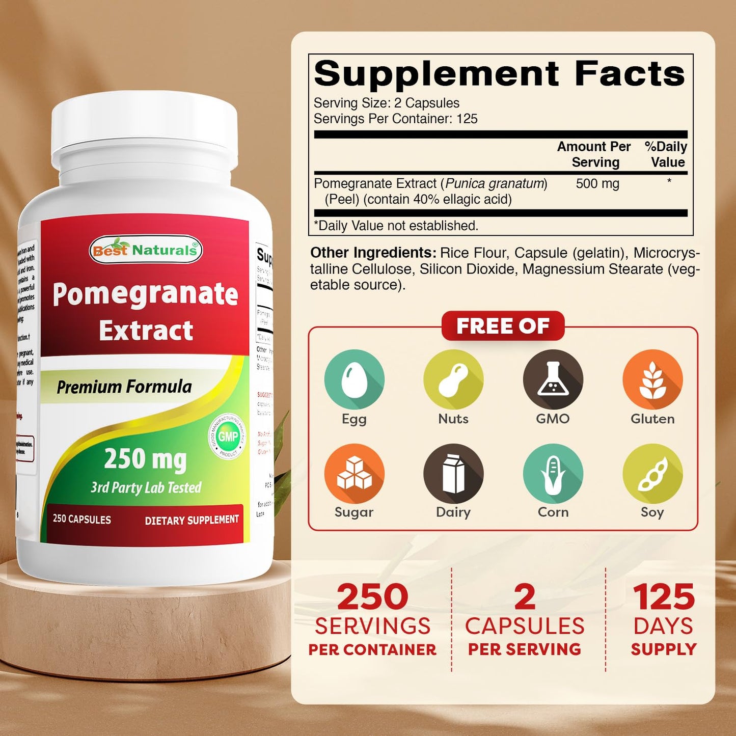 Best Naturals Pomegranate Extract 250 mg Capsule, 250 Count