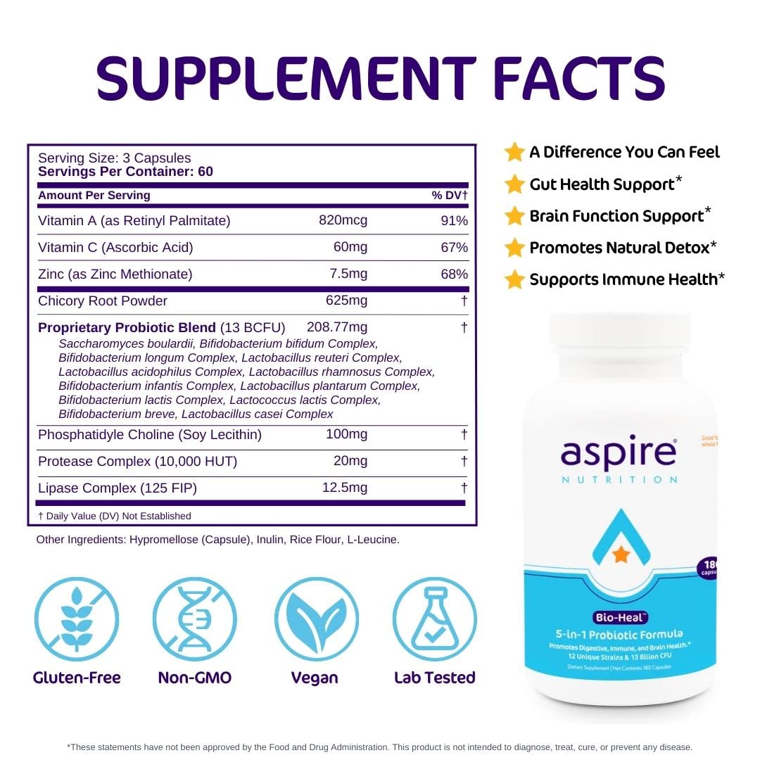 Aspire Nutrition 5-in-1 Bio-Heal Probiotic Capsules, 180 Count