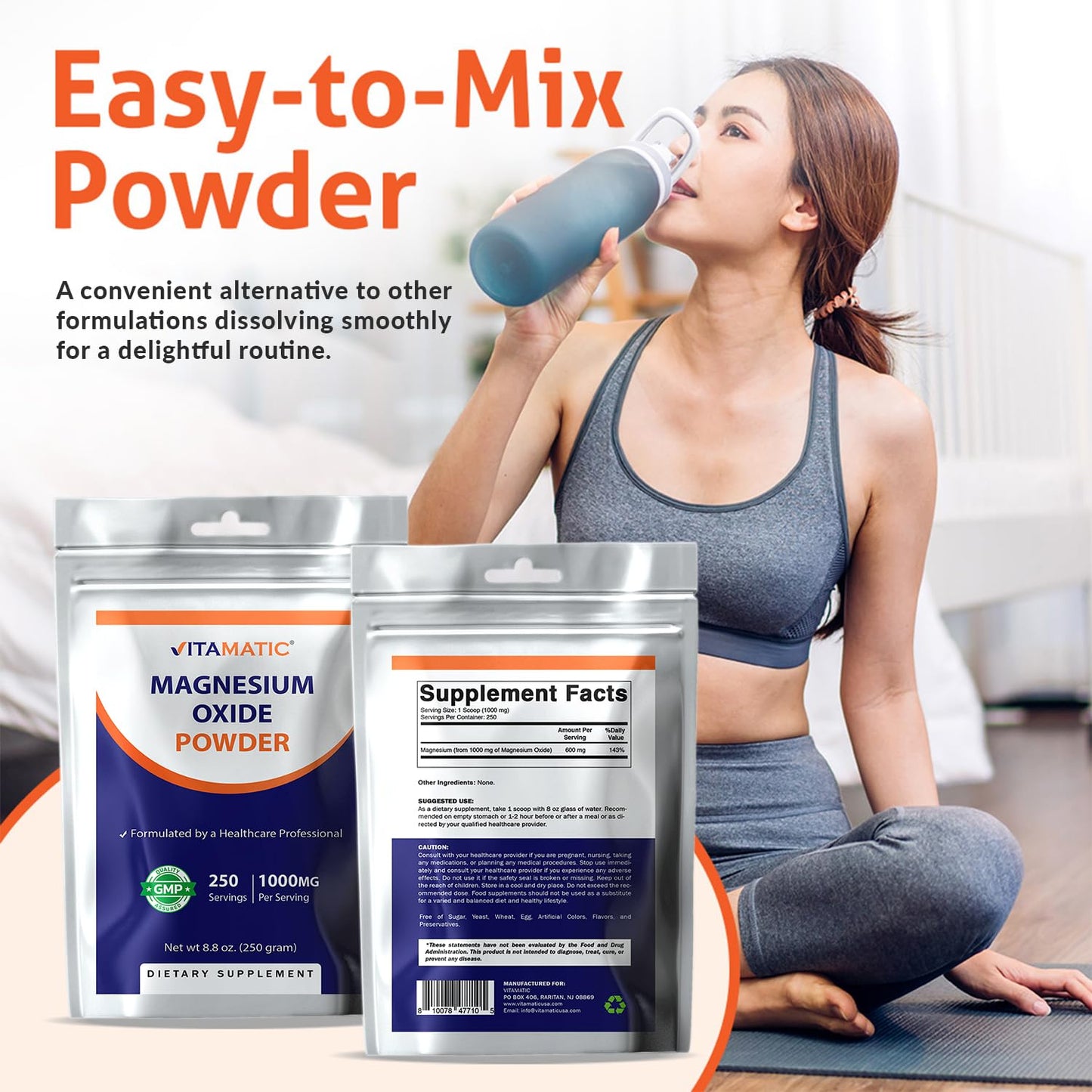 Vitamatic Magnesium Oxide Powder 8.8 oz, 250 Servings, 600 mg Elemental Magnesium, Unflavored