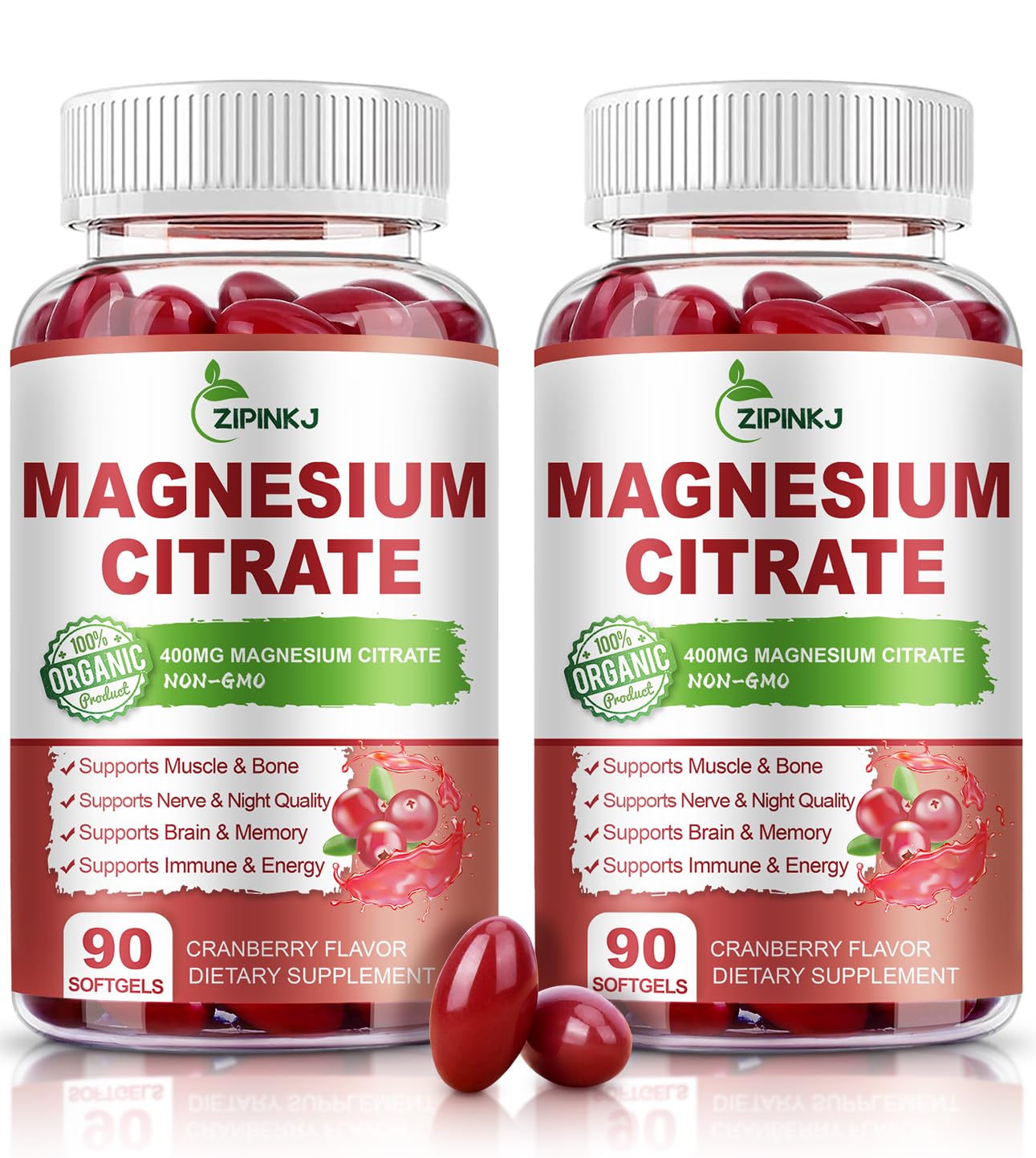 ZIPINKJ Magnesium Citrate Softgels with Vitamin D3, Vitamin B6 and Cranberry Extract, 180 Count