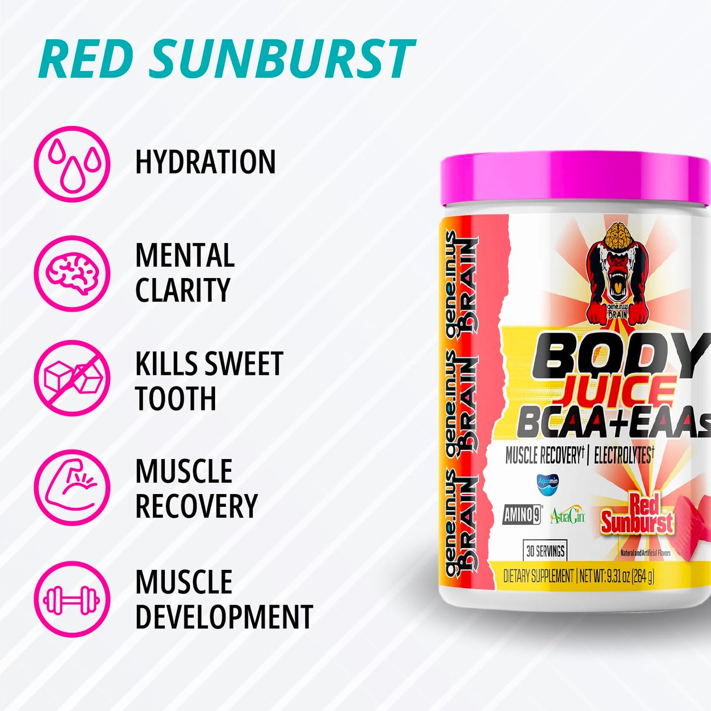 gene.in.us Brain Body Juice BCAAs and EAAs, Red Sunburst Powder, 1 Ounce
