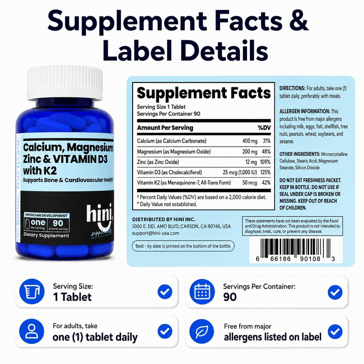 HINI Calcium Magnesium Zinc Supplement with Vitamin D3 & K2 MK-7 Tablets, 90 Tablets