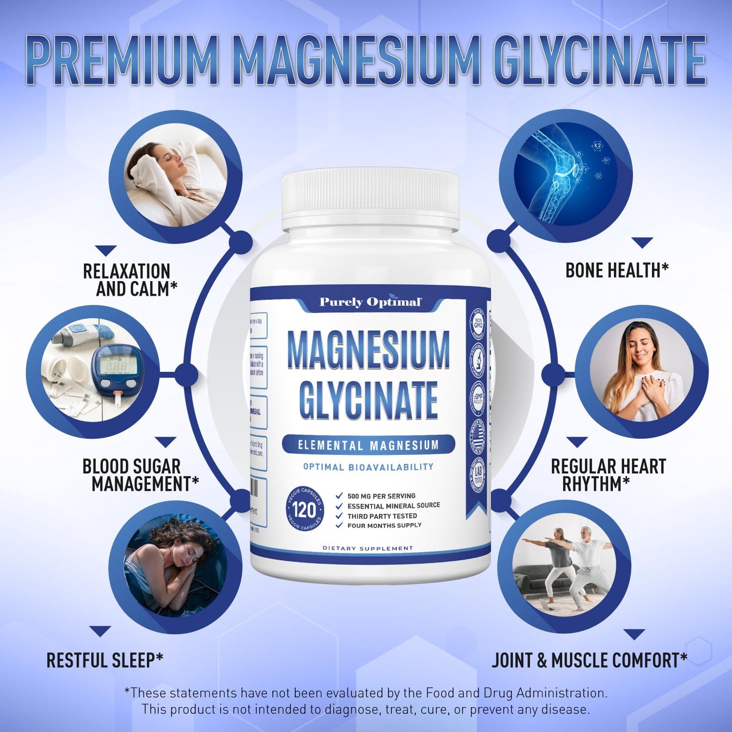 Purely Optimal Magnesium Glycinate 500mg Sleep Support & Stress Relief, Gentle, High Absorption Magnesium Supplement for Muscle Relaxation, Calm & Nerve Support, 120 Capsules