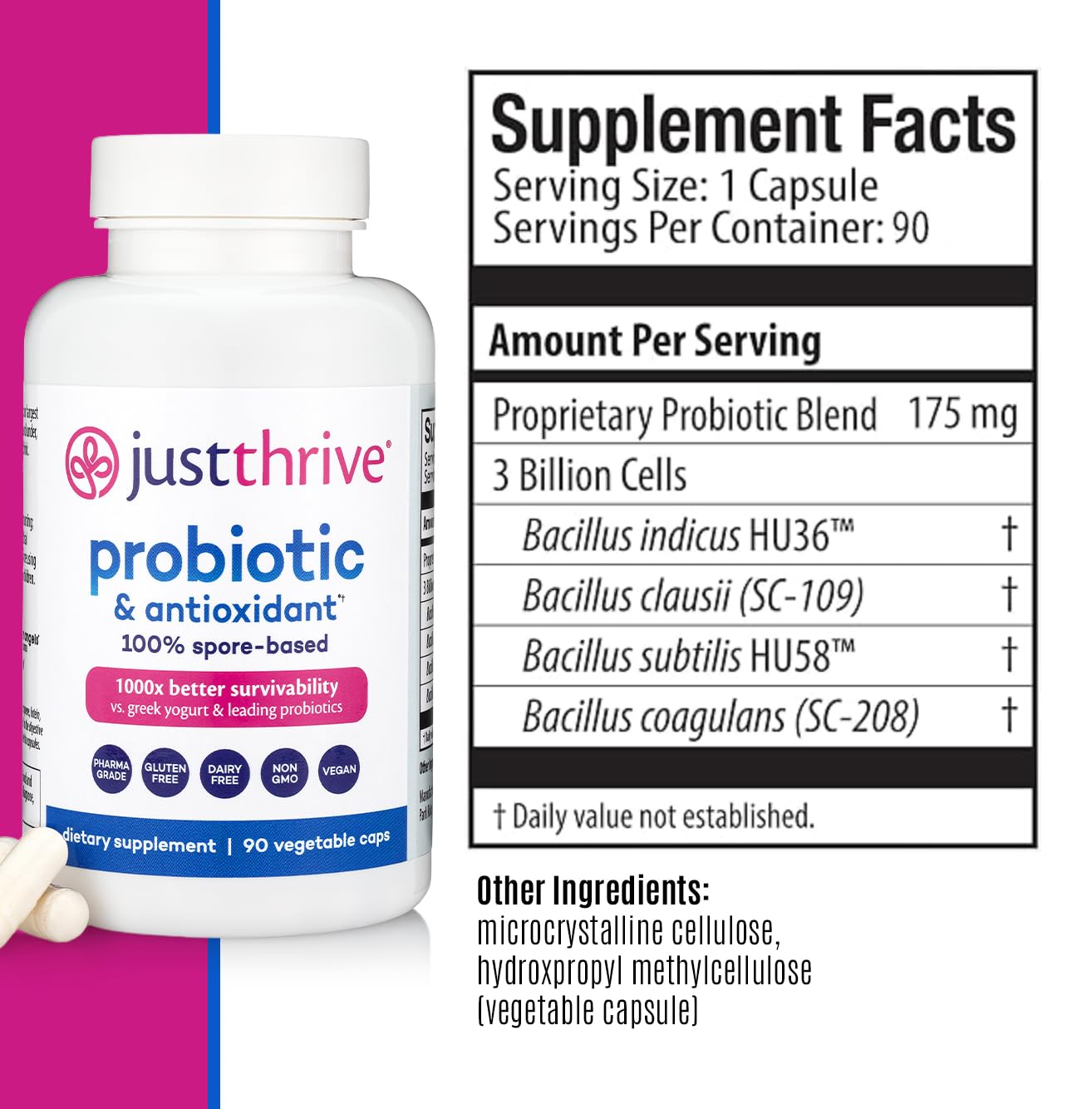Just Thrive Probiotic & Antioxidant Supplement 100% Spore-Based Digestive and Immune Support Capsule 90 Count