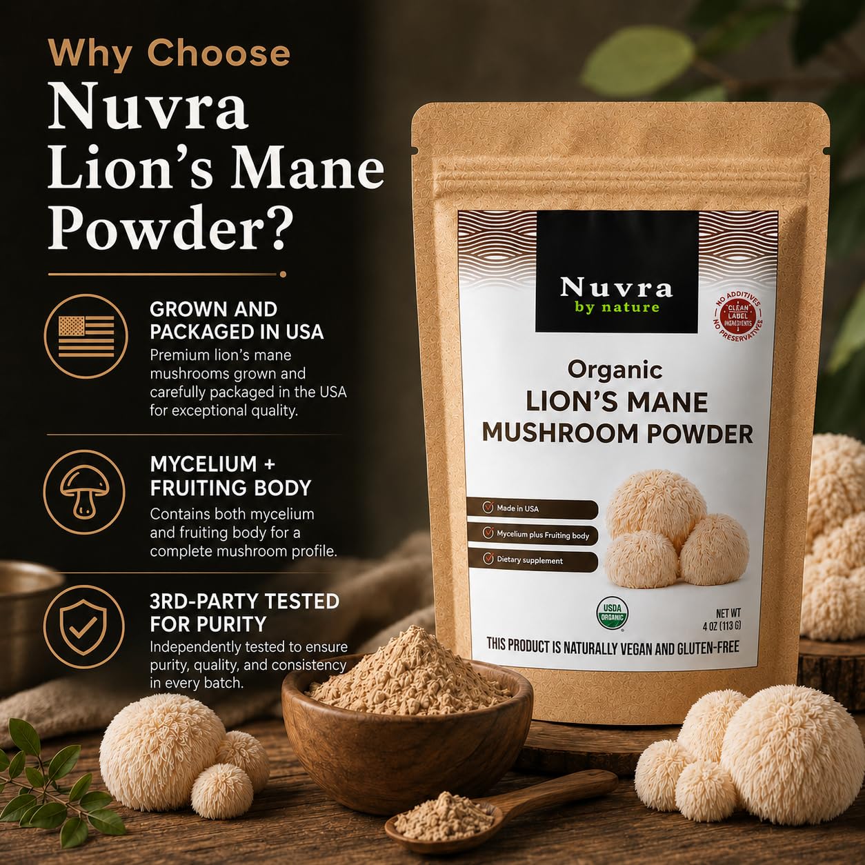 Nuvra by Nature Lion’s Mane Mushroom Powder, 4 oz, 1 Count