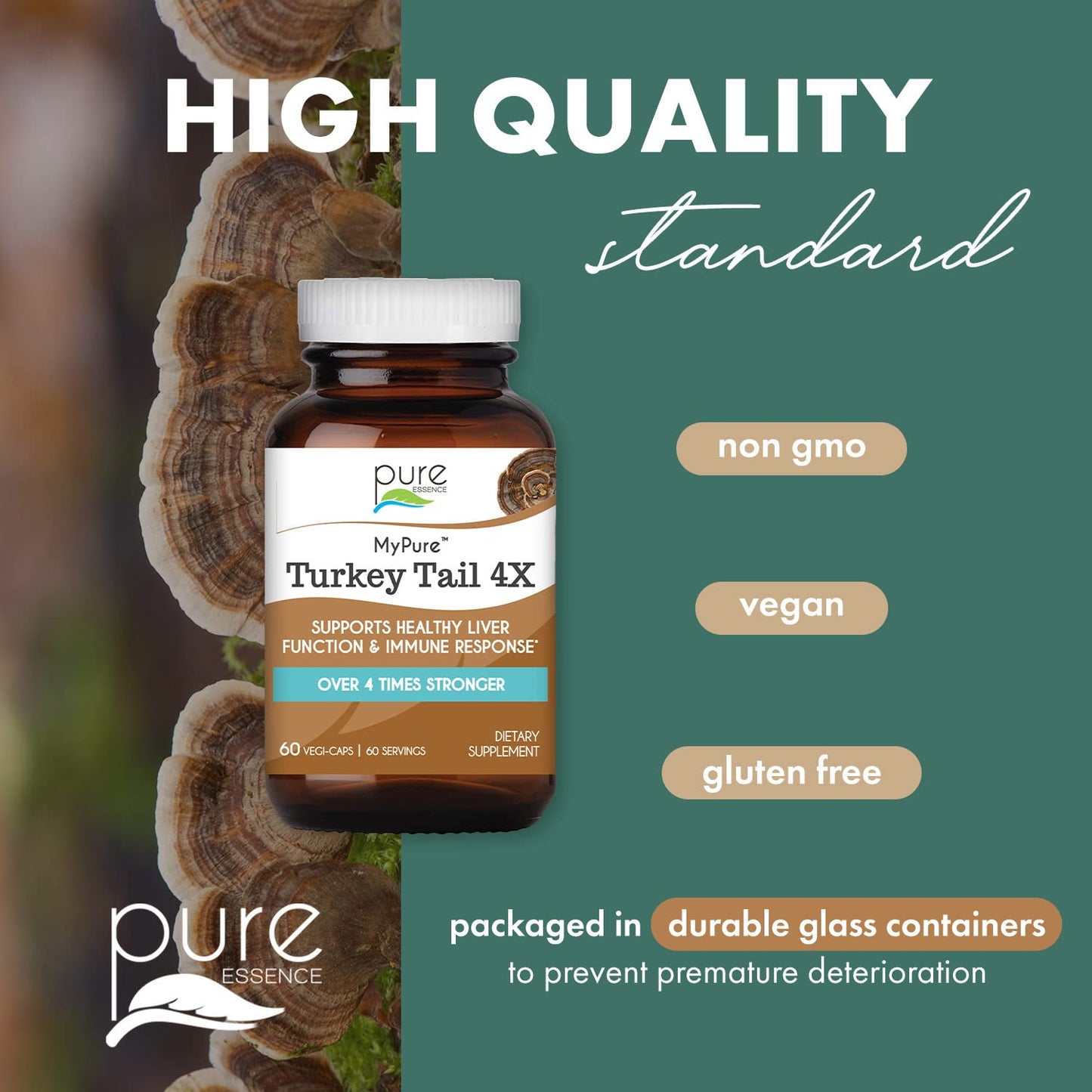 PURE ESSENCE LABS Organic Turkey Tail 4X Mushroom Extract, Vegan Mushrooms Supplement for Immune Building, 60 Capsules