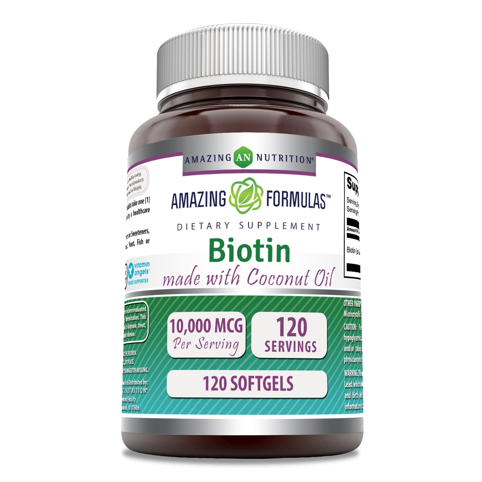 Amazing Nutrition Biotin with Extra Virgin Organic Coconut Oil Softgels, 120 Softgels