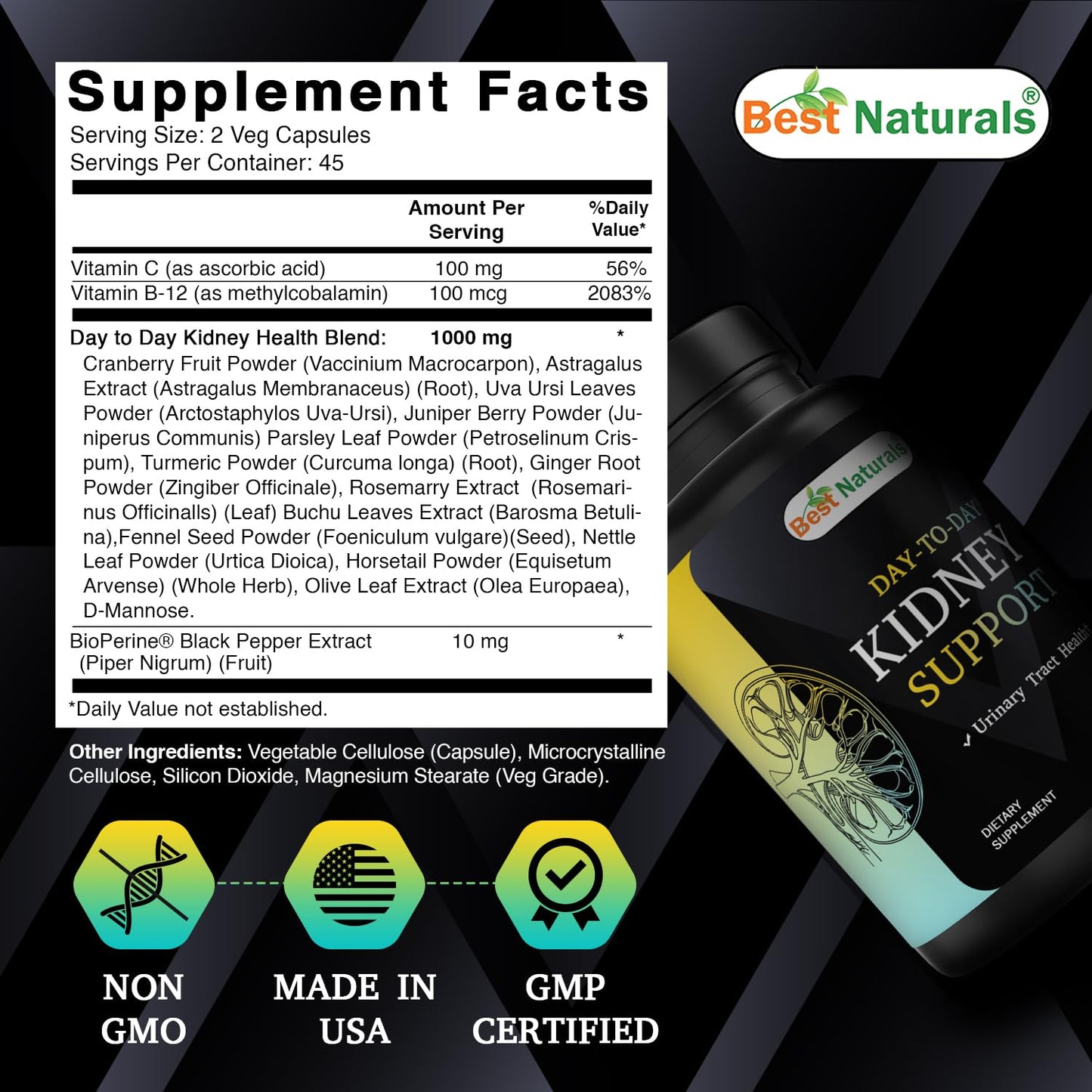 Best Naturals Day-to-Day Kidney Support with Cranberry Fruit, Vitamin C, B12, D-Mannose, Uva Ursi, Juniper Berry, Parsley Leaf Capsules 90 Count
