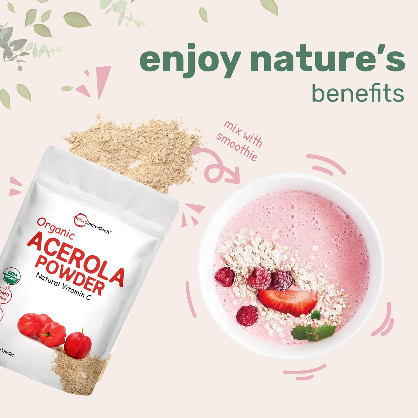 Micro Ingredients Organic Acerola Cherry Powder Vitamin C, 2 Pack, 8 oz