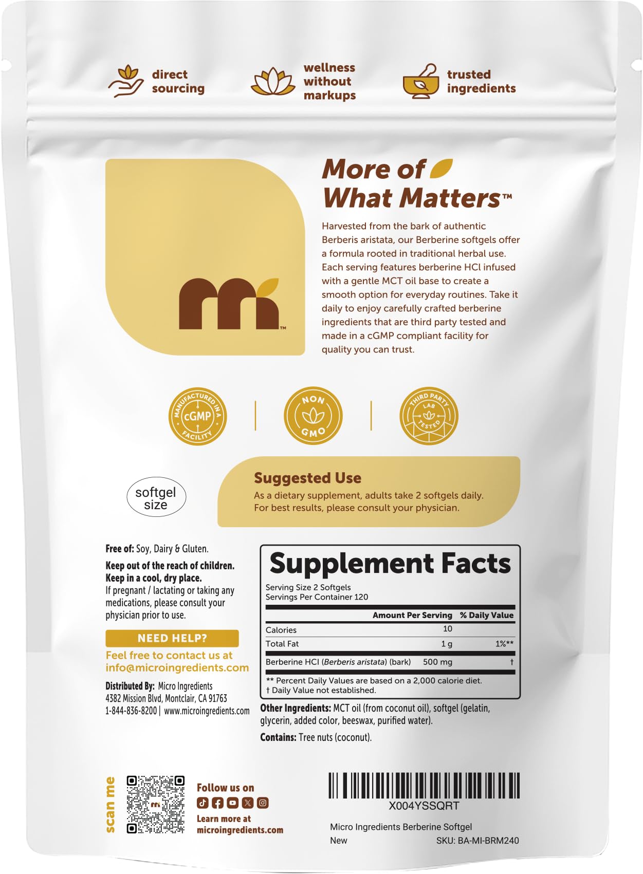 Micro Ingredients Berberine 500 mg Per Serving Softgels 240 Count
