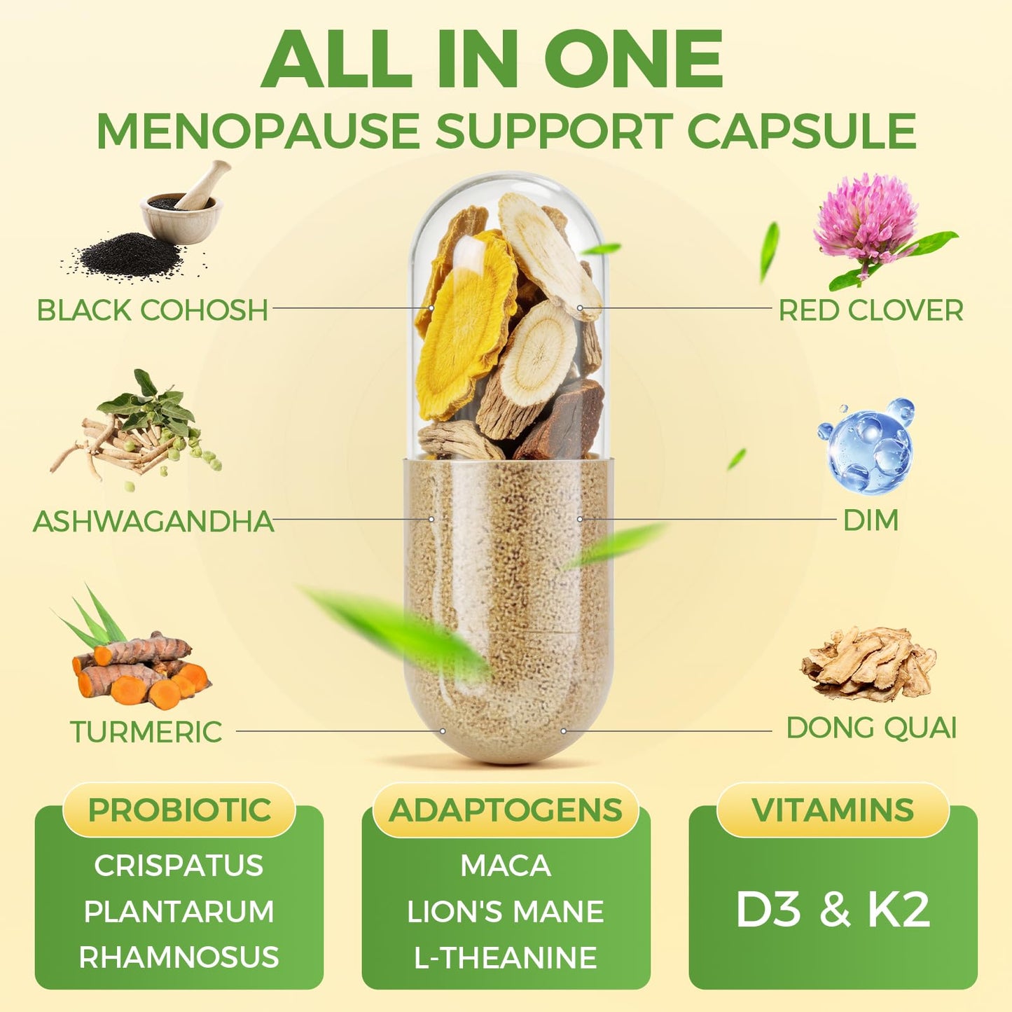 GREENPEOPLE Menopause Supplements for Women - Black Cohosh & Ashwagandha for Hot Flashes, Night Sweats, Mood Swings, Hormonal Balance Support, 10 Billion CFU Probiotic, 90 Capsules